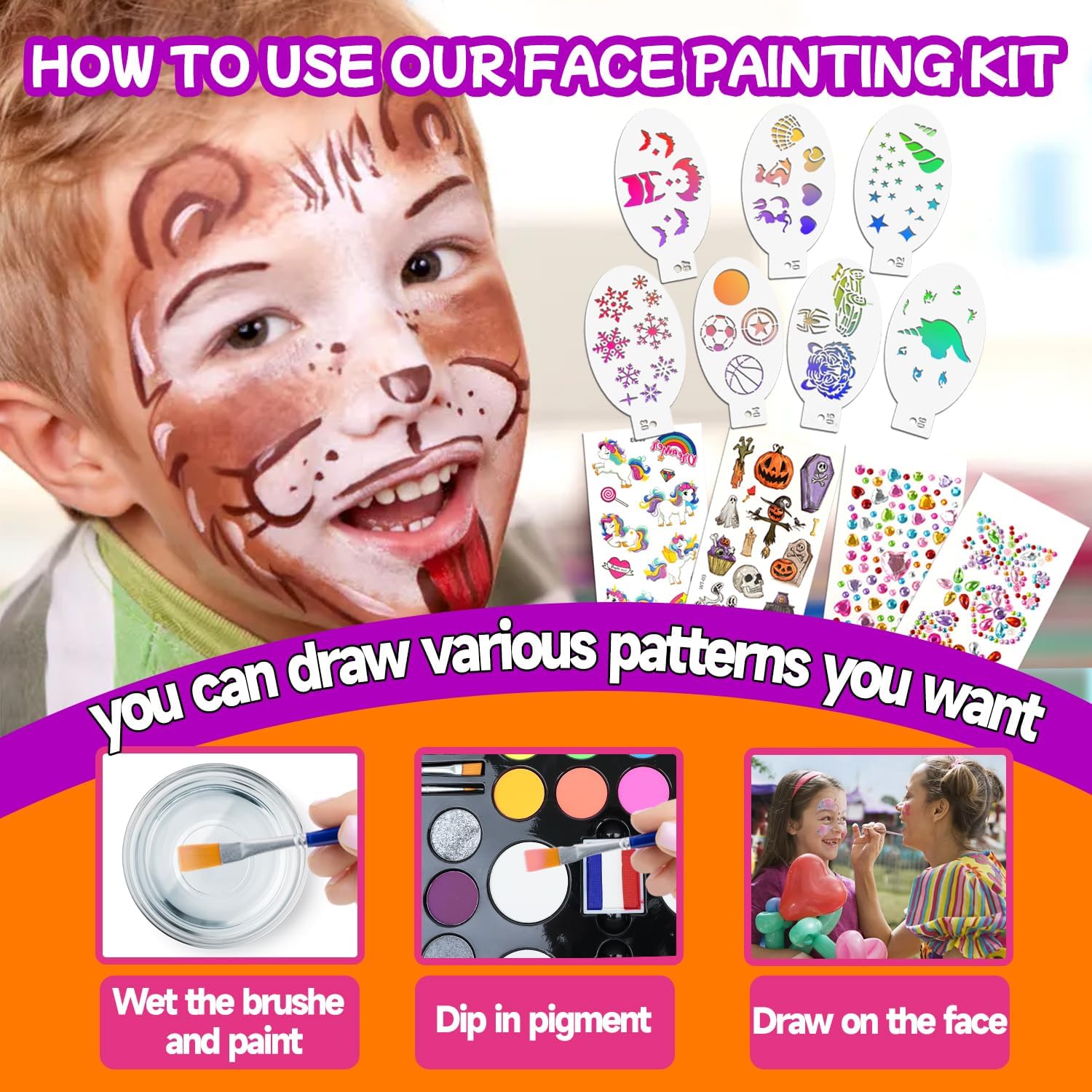 Face Painting Kits for Kids Non-Toxic and Hypoallergenic Face Paint Palette with Stencils,Book,Brushes,Tattoos,Gems Face&Body Makeup Kit for Halloween, Cosplay,Party,Theater & Stage(QCH-32C)