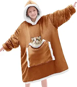 JOYWOO Caramel Kids Wearable Blanket Hoodie, Oversized Cat lovers Hoodie Blanket for kids & Teens,Birthday Gifts for Girl Boys,Cozy Fuzzy Sherpa Fleece Blanket Giant Pocket Winter Gifts,Caramel