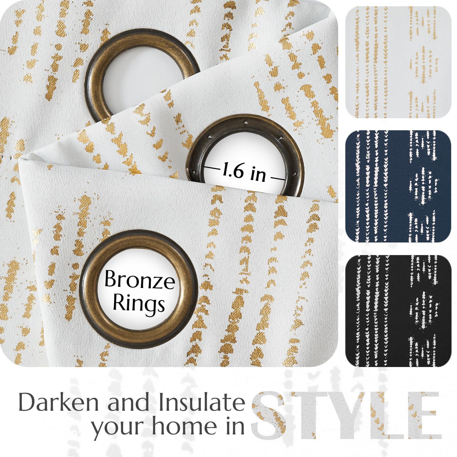 jinchan Full Blackout Boho Curtains 84 Inches Long for Bedroom Living Room Golden Geometric Foil Printed Grommet Top Room Darkening Thermal Insulated Window Drapes White 52x84 2 Panels