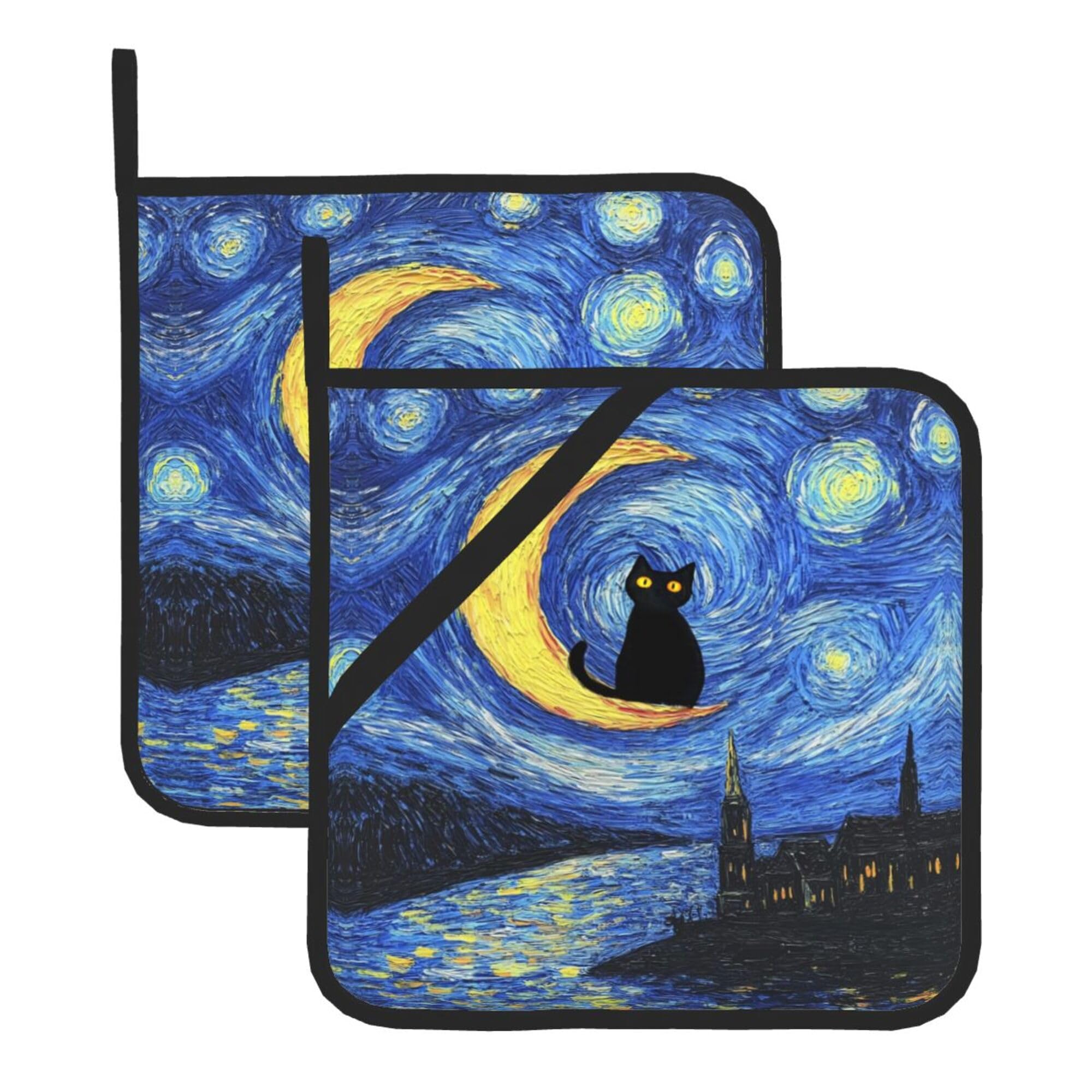 2 Pack Starry Night Cats Pot Holders,Heat Resistant Countertop Hot Pads with Hanging Loops,Cute Cats Potholder Set for Kitchen Baking Chef Barbeque,