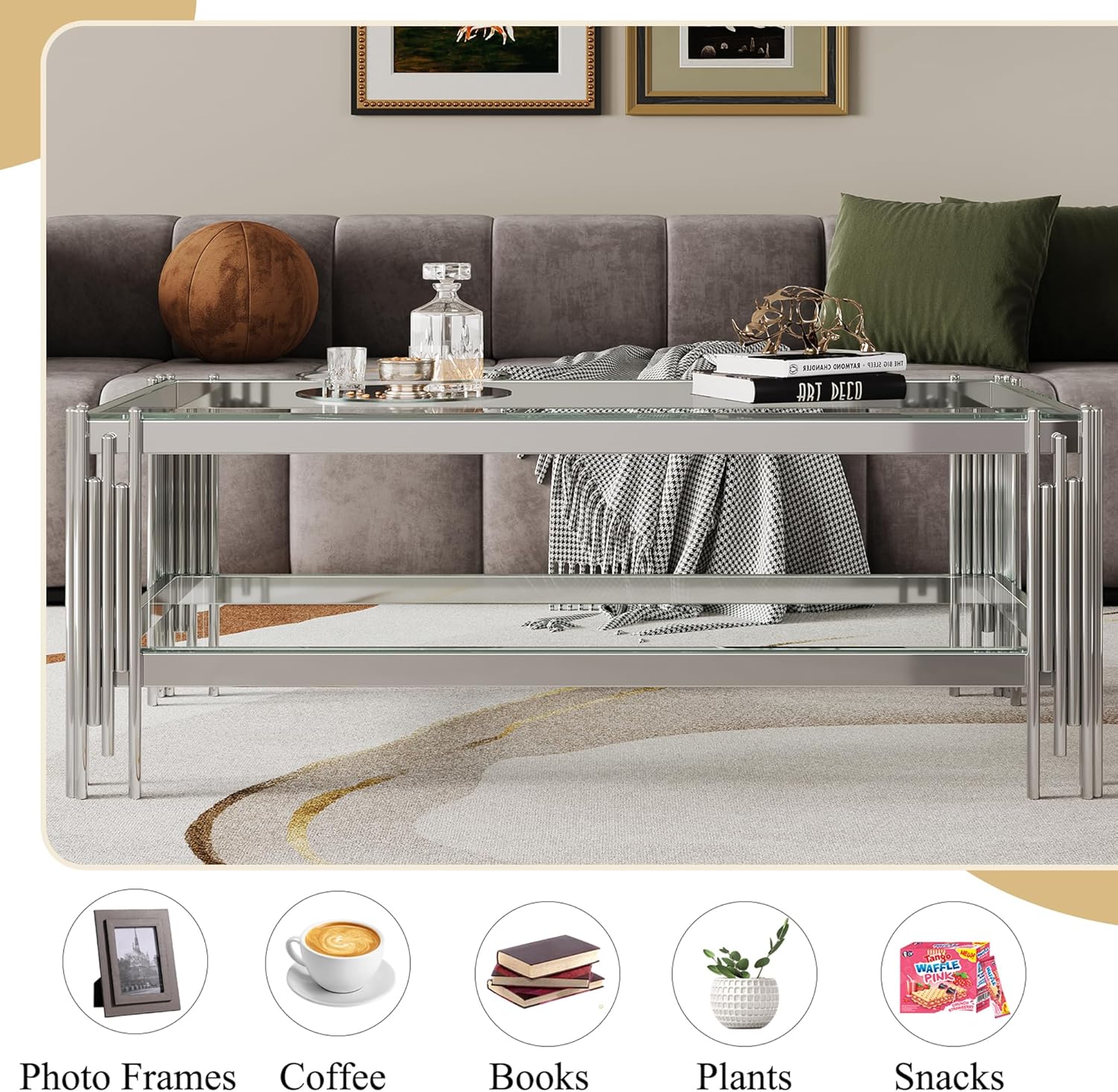 Rectangle Glass Coffee Table,Modern 2-Layer Center Tables,47'' Accent Cocktail Table with Mirror Finished Stainless Steel Frame for Living Room Office Hotel (Silver)