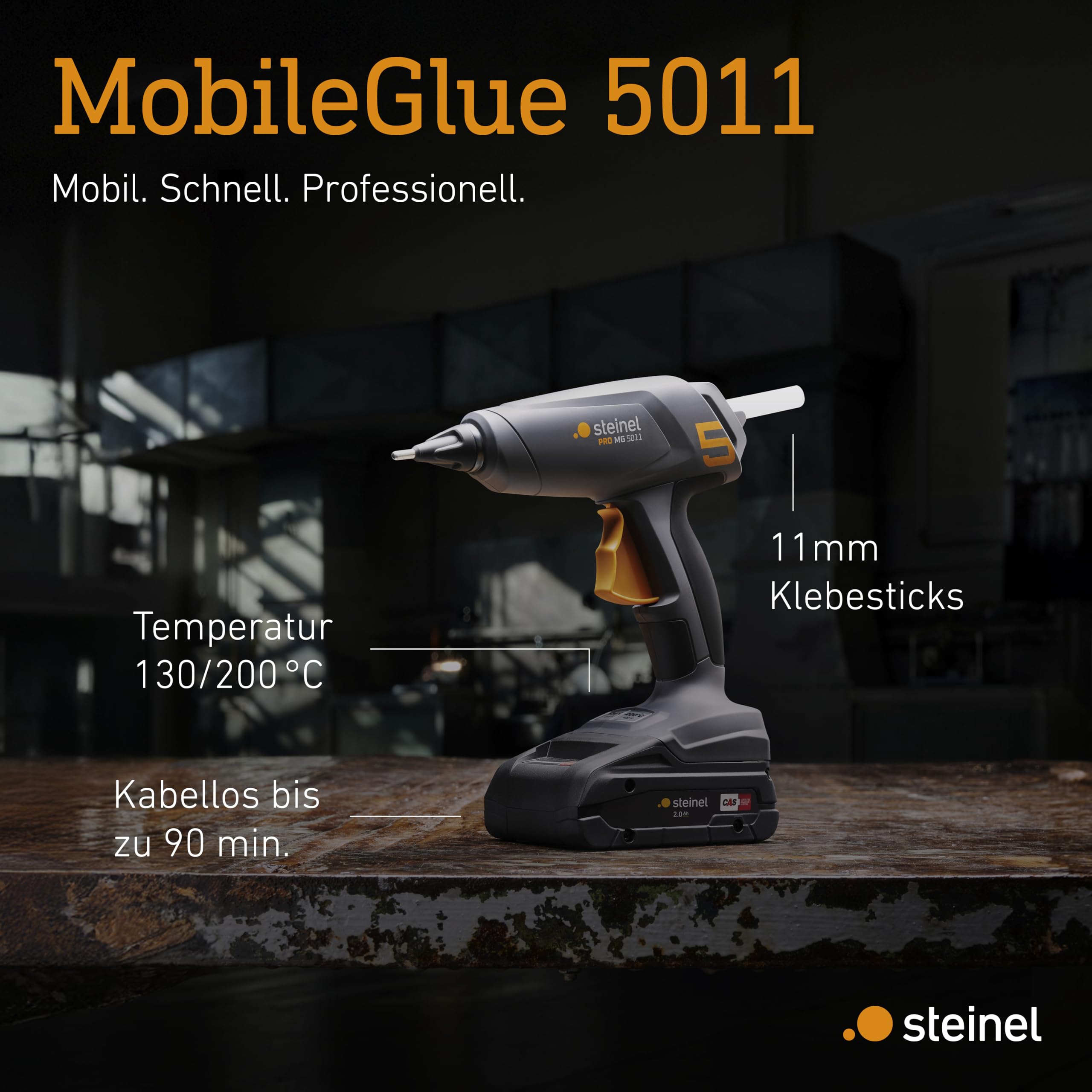 Steinel Akku Heißklebepistole MobileGlue 5011, für Metabo 18V CAS Akku, inkl. 3x Heißklebesticks, in 90 Sek. startklar, bis 90 Min. Dauerbetrieb, kabellos, Dual-Temp-Modus 130°C/200°C, ECO-Mode