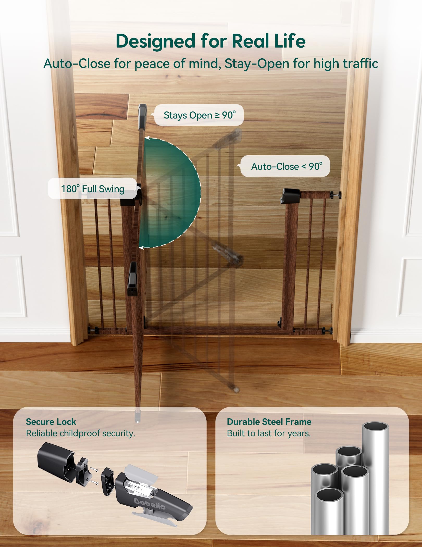 Babelio Barrière pour bébé en métal avec motif bois noir, facile à installer, montage par pression, pour escaliers et portes, avec protections murales et kits d'extension