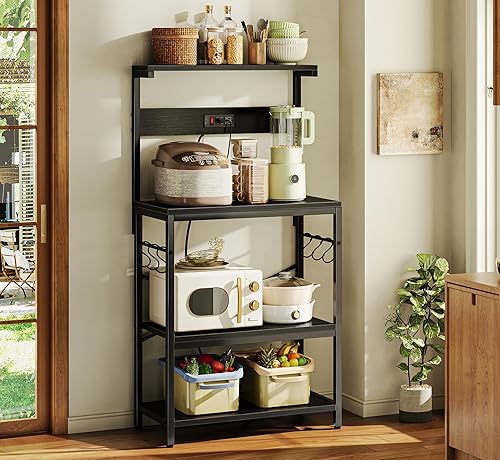 Miniatura 92 de SUPERJARE - Estante de cocina con toma de corriente de 4 niveles, soporte de microondas de cocina con 6 ganchos en forma de S, estante de Marrón