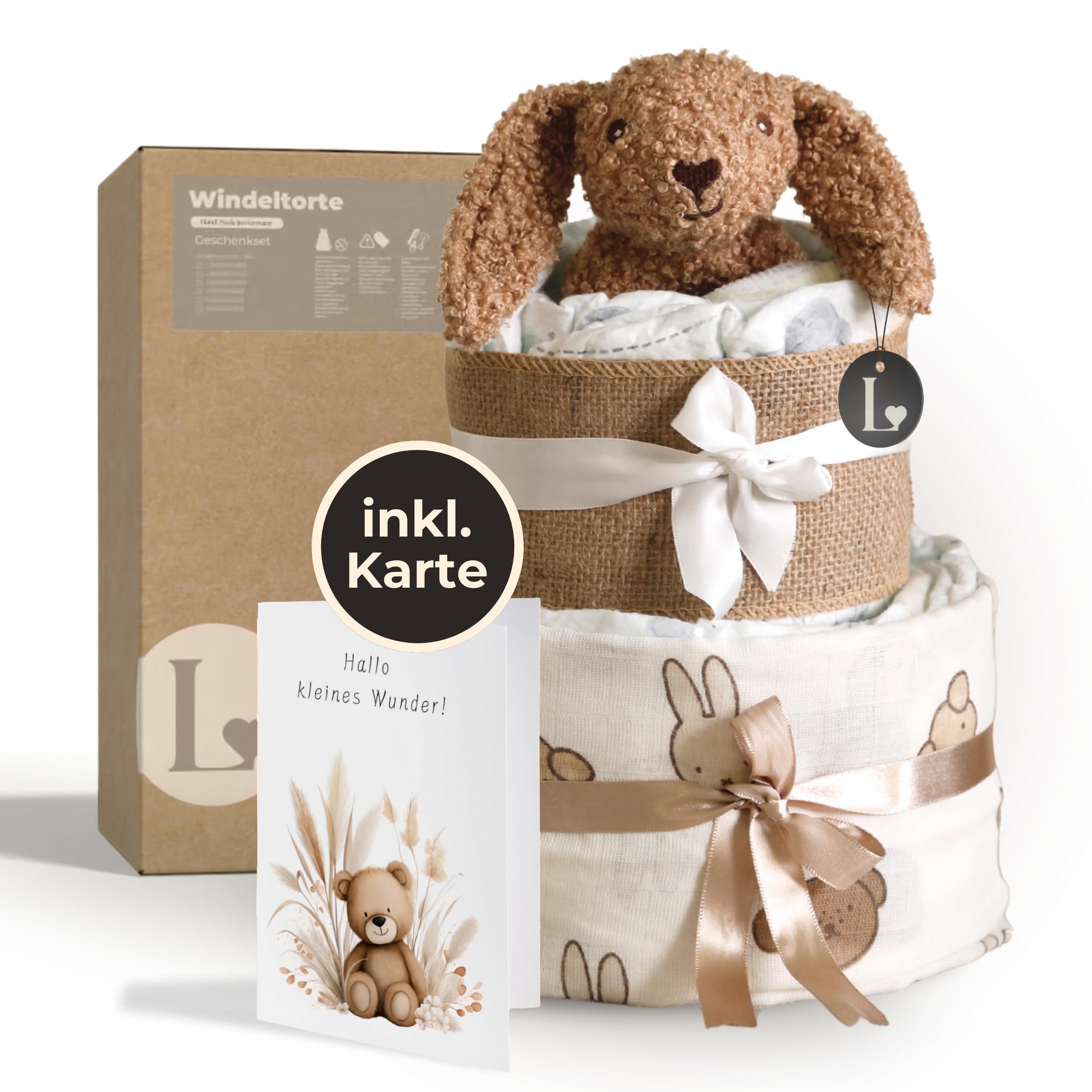 LINDFALL® Windeltorte neutral, Willkommensgeschenk Baby für Mädchen oder Junge | Hochwertiges Babyshowerparty Geschenk Erstausstattung für Neugeborene, Baby Windeltorten (Braun-beige, Small)