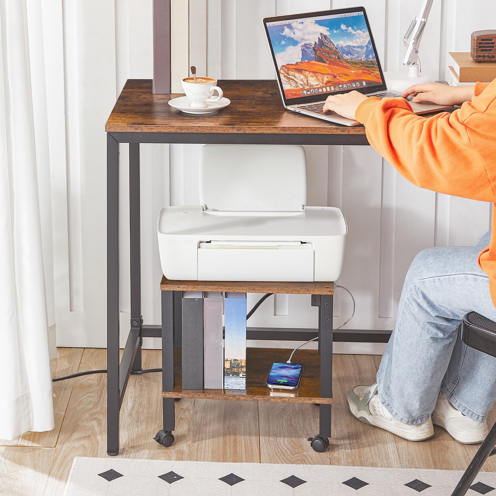 HOOBRO 2-Tier Printer Stand with Charging Station Under Desk Printer Table Printer Cart with Storage Shelves Shelf for — view 7