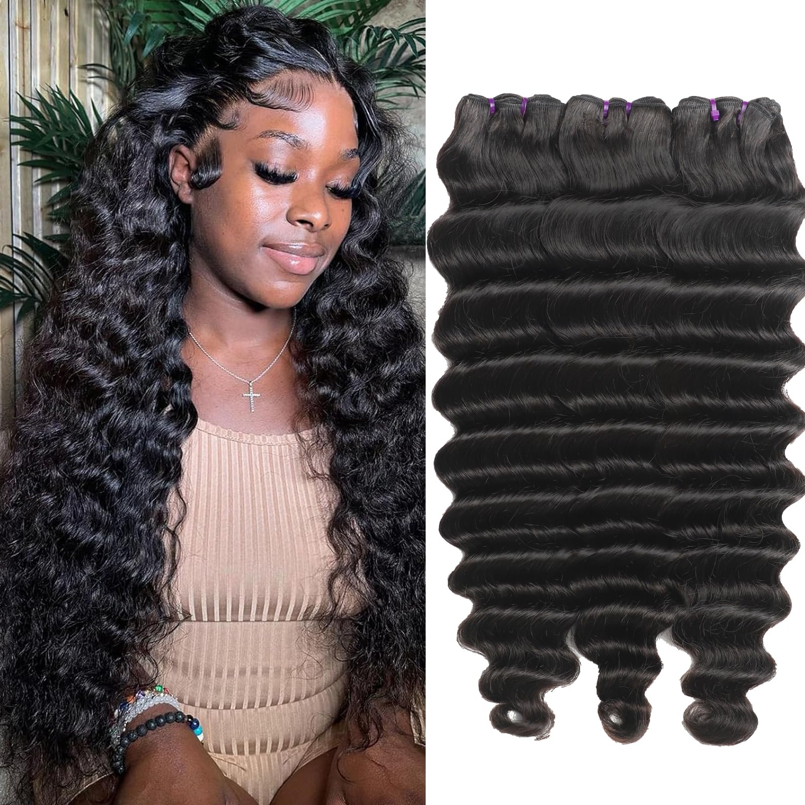 PINJUOO Loose Deep Wave Bundles Human Hair 26 28 30 inch 3 Bundles Deep Wave Loose Wavy Brazilian Hair Bundles Natural Black Color