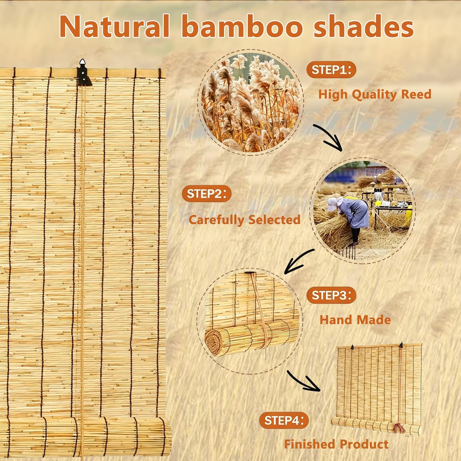 Tenda a Rullo in Canna Naturale, Cannucciato per Esterno e Interno, Tapparella in bambù 70% Oscurante, Protezione Privacy per Balcone e Giardino, Impermeabile(100L x 160A cm)
