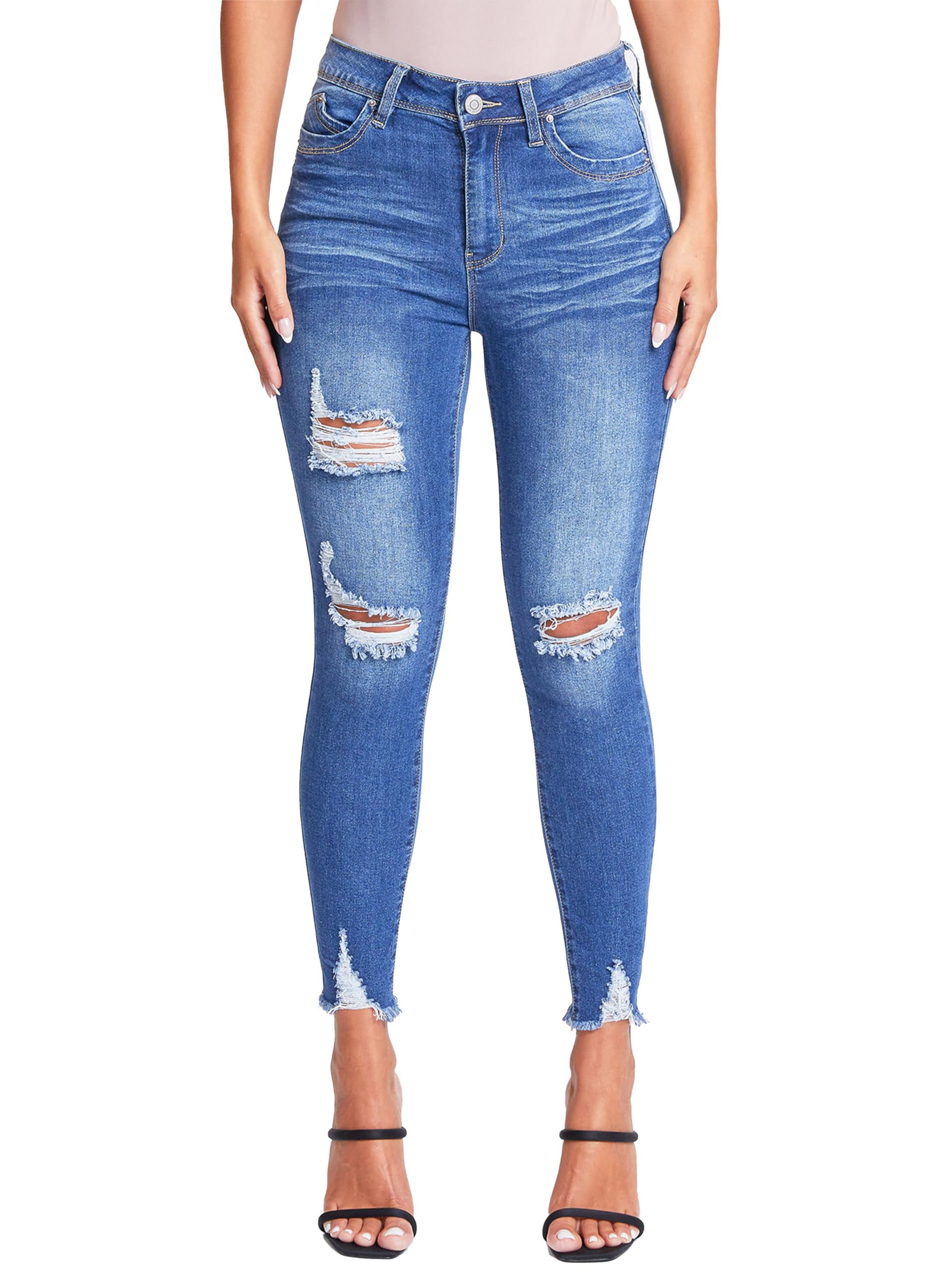 YMI Womens YMI Women's Junior Wannabettabutt Repreve Mid-Rise Ankle Jeans with Frayed Hem