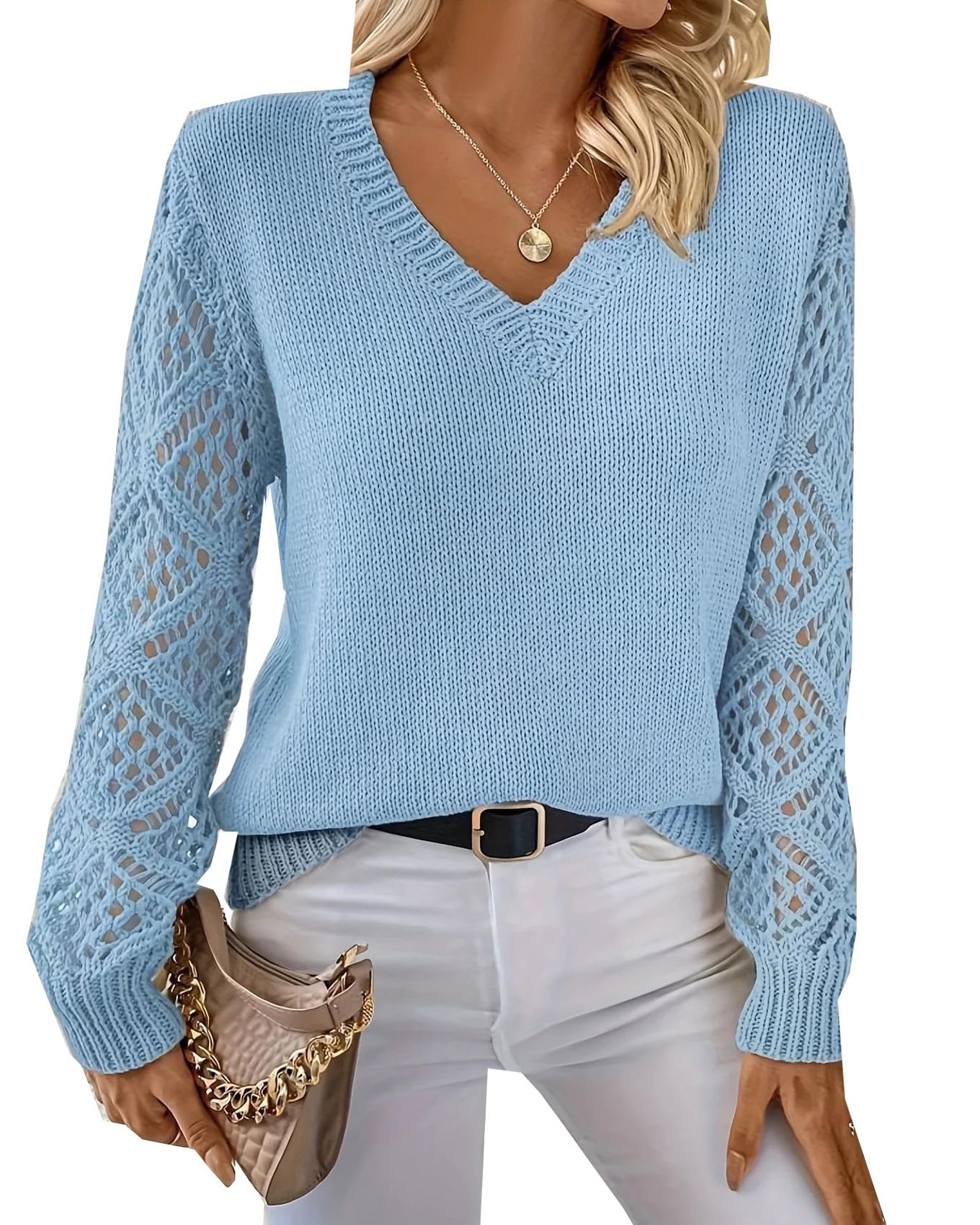 Las Mujeres De Primavera Y OtoñO Hueco De Punto Jumper Pullover De Manga Larga Suelta V-Cuello De Color SóLido Bottoming Tops