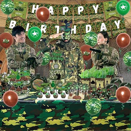 Miniatura 2 de Decoraciones de fiesta de cumpleaños de camuflaje para niños, niñas y adultos, pancarta de camuflaje de feliz cumpleaños, mantel, globos de látex y