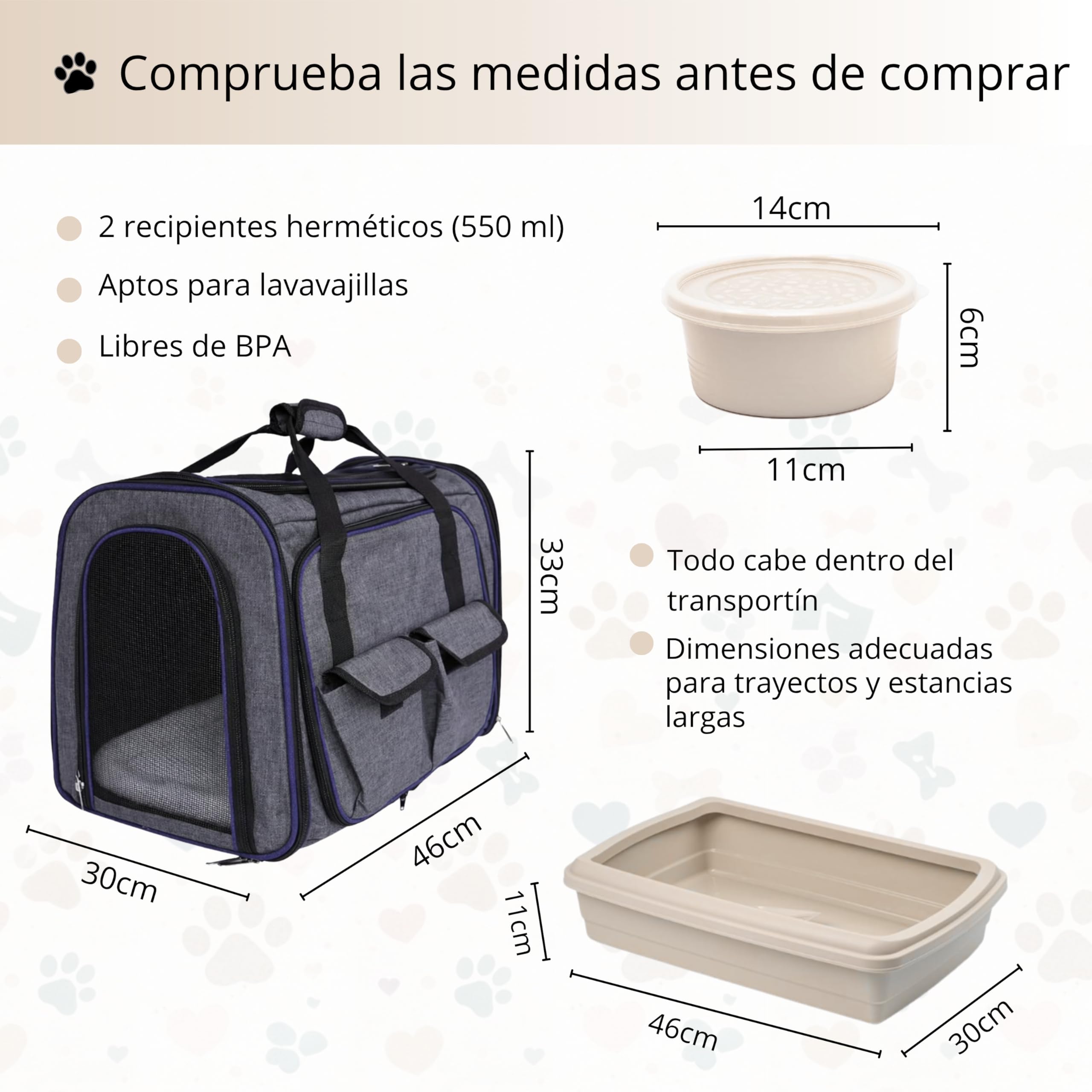 Kit Completo Gatos Accesorios: transportin Gato Grande y arenero Gatos, comedero, Bebedero, camita y Pala - Ideal en Viajes, Coche, Vacaciones y Bienvenida al hogar (Marrón Claro)