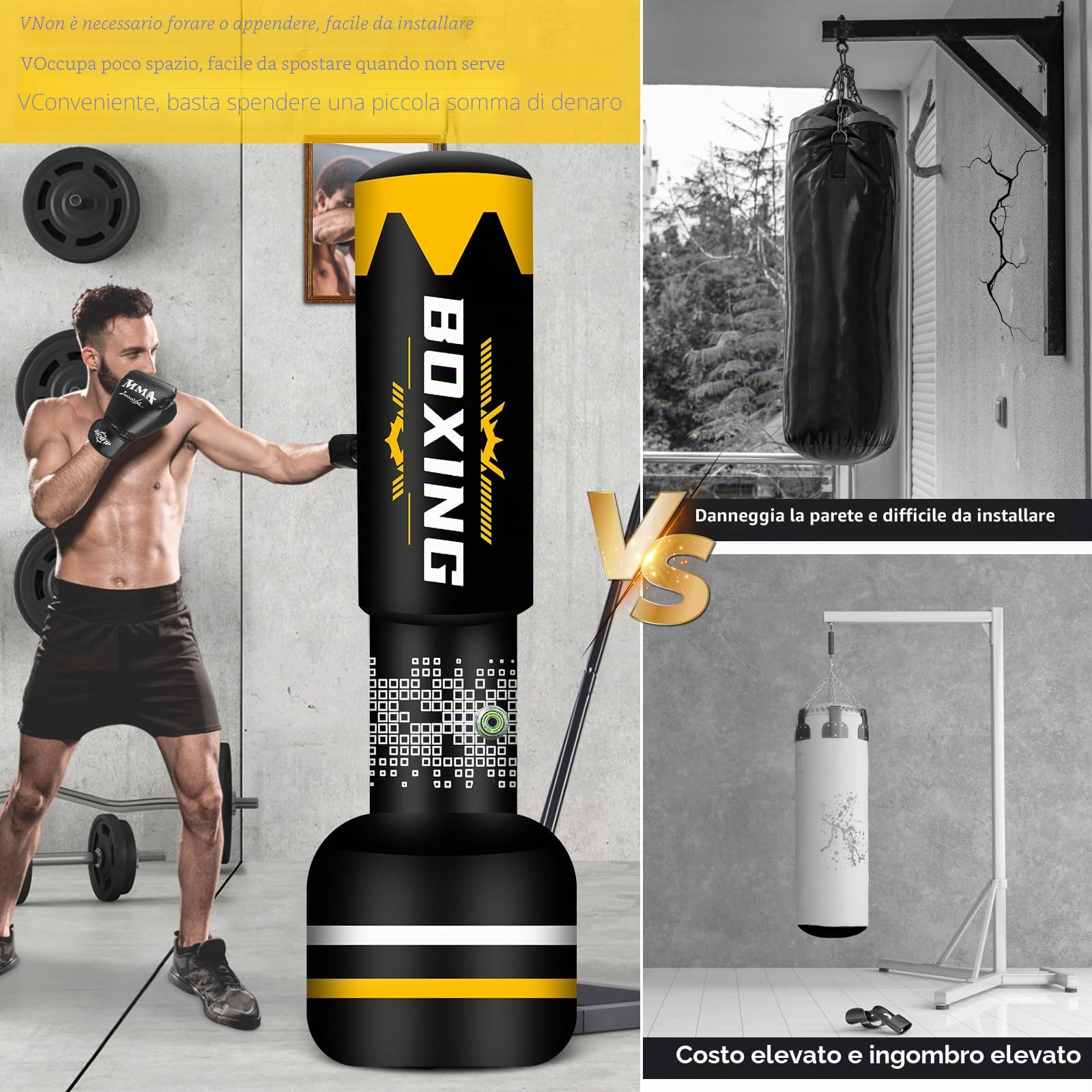 NZQXJXZ Sacco da boxe 2 in 1 per adulti, 180 cm autogonfiante, pesante con guantoni da boxe e pompa ad aria integrata, per allenamento MMA, Muay Thai, fitness, principianti