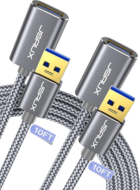 JSAUX 2Pack 10FT+10FT USB 3.0 Extension Cable, Type A Male to Female USB Extender Cord Nylon Braided Compatible with Webcam, Camera, Phone, USB hub, Mouse, Keyboard, Printer, Hard Drive, Xbox-Grey
