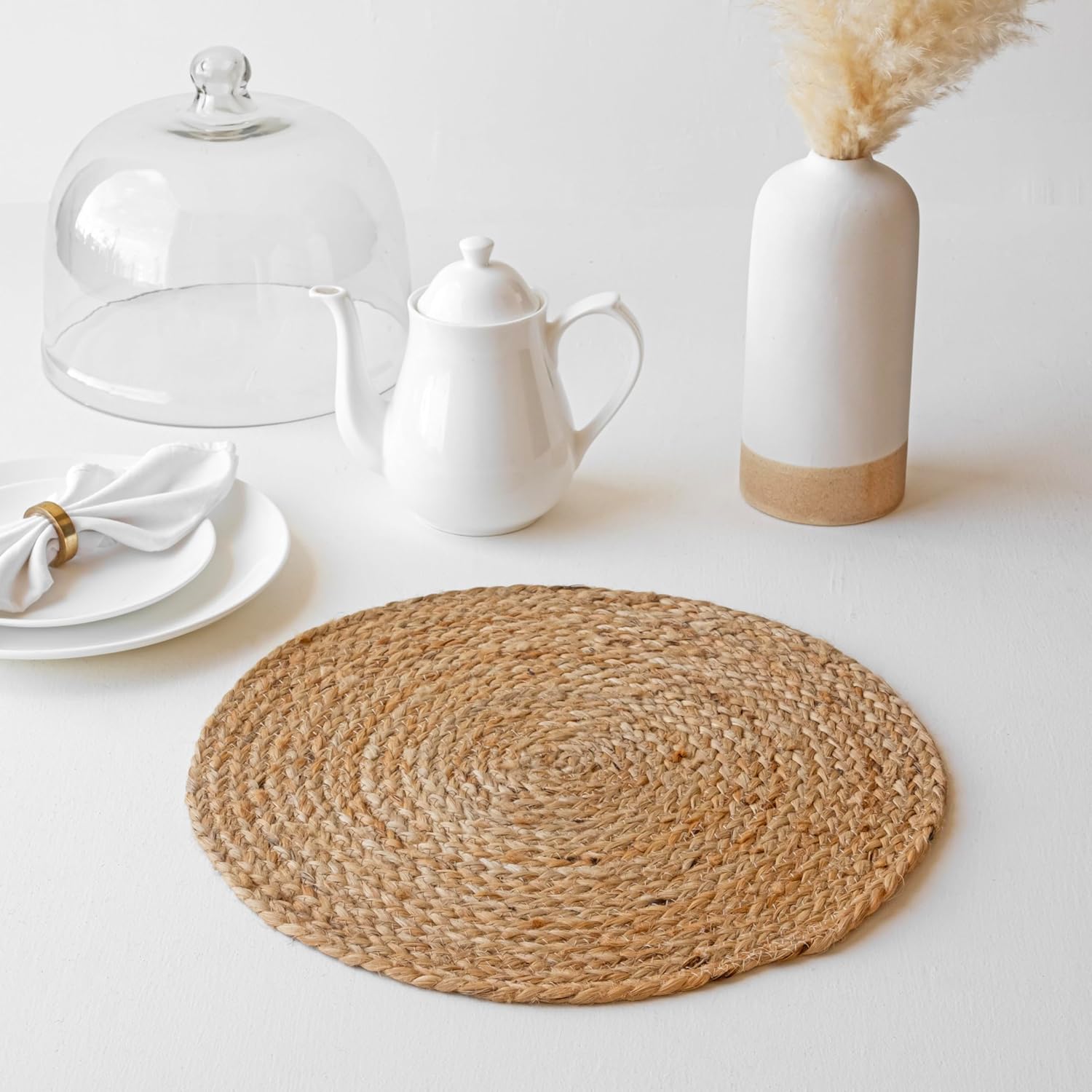 HOMEMONDE Jute Round Placemats Set of 6-15 Inch Woven Natural Hand Braided Wicker Tablemats - Farmhouse Boho Rustic Vintage - for Table Decoration & Dining Table
