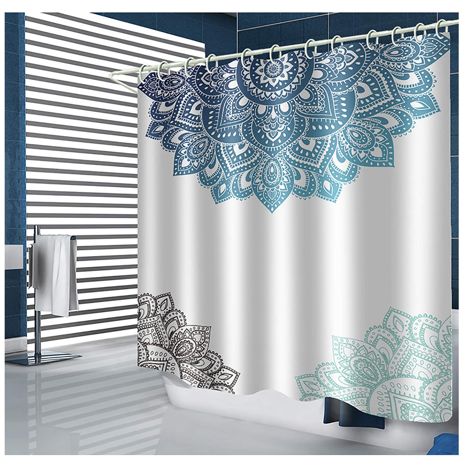 SEVEN HITECH Shower Curtain with 12 Hooks,Mandala Bath Curtain Blue White Flower Pattern Anti Mould Waterproof Polyester Fabric Shower Curtains Bathroom Mildew Resistant Curtain 180x180cm（72x72 Inch)