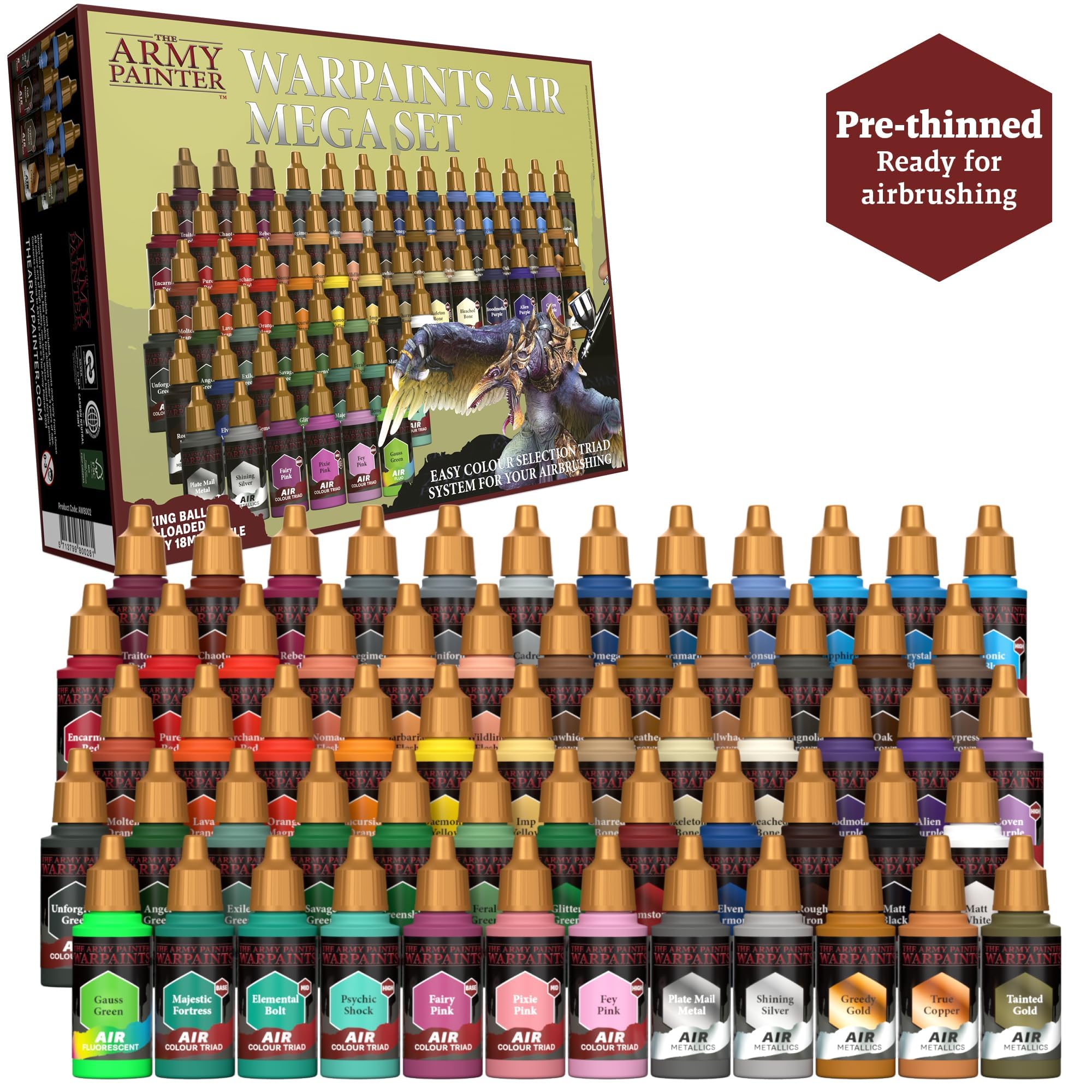 The Army Painter, Warpaints Air Mega Set Combo, 60 x 18 ml, aerografo | Colori acrilici per aerografo, 9 metallici, 1 fluo e 1 stazione di pittura, per DnD e Warhammer