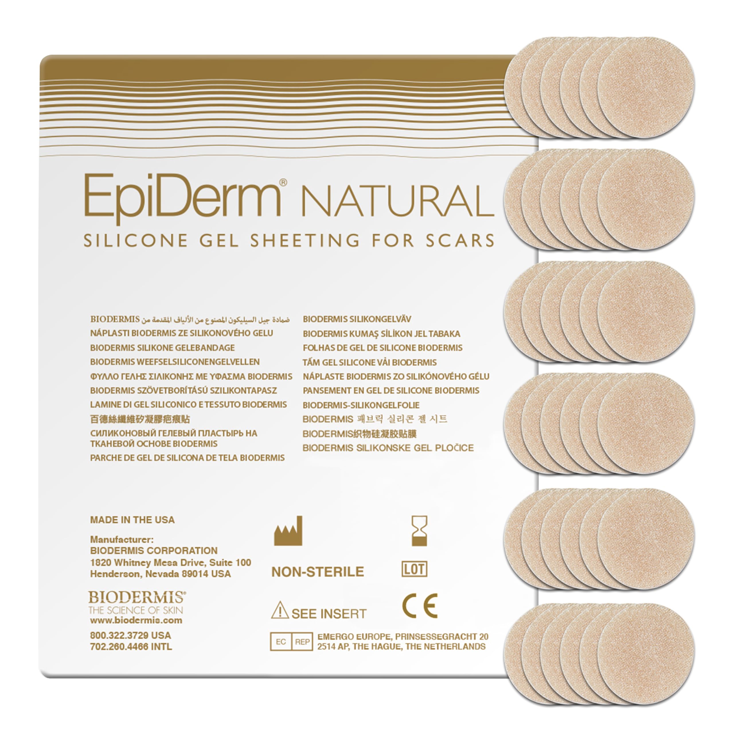 Epi-Derm Epi-Tab Circles Silicone Scar Sheets – Professional-Grade, Washable & Reusable Silicone Patches for Small Hypertrophic & Keloid Scars from Trauma, Liposuction & More - Natural, 30-Pack