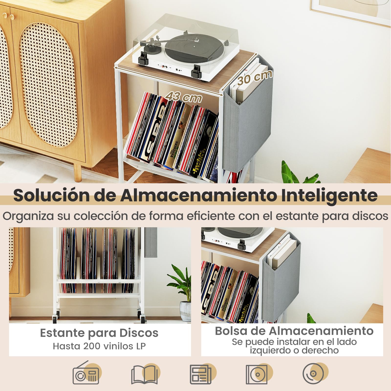 COSTWAY Mueble Tocadiscos con Ruedas, Soporte para Tocadiscos con Estante para Vinilos y Almacenaje Lateral, Mesa Auxiliar Móvil de Discos para Exhibición de Vinilos, 49,5x30x64 cm (Natural y Blanco)