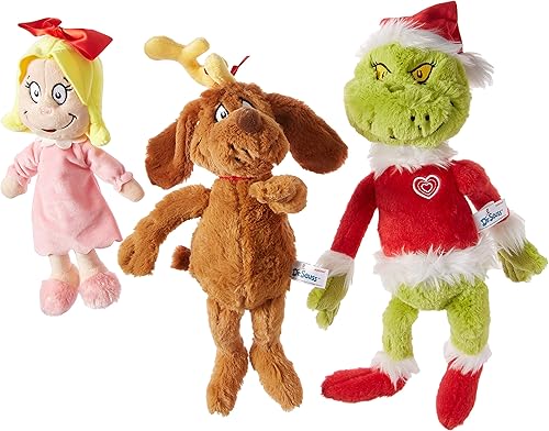 Aurora World Dr. Seuss Cindy Lou Who 12 pulgadas, Grinch Santa 19 pulgadas y His Dog Max 18 pulgadas - Juego especial de 3 juguetes de peluche,