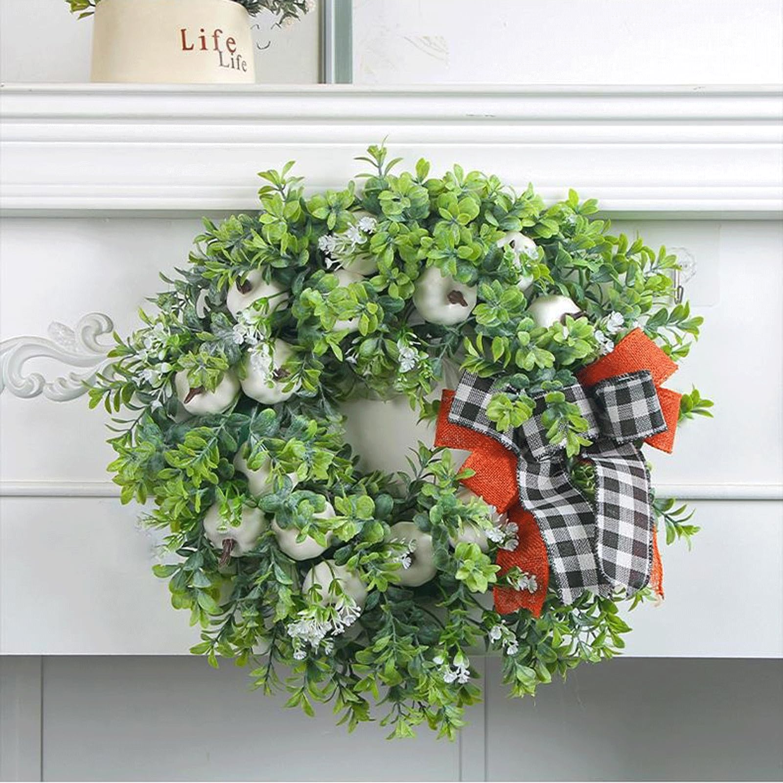Ghirlanda di benvenuto per porta d'ingresso, in plastica verde, 40,6 x 40,6 cm, ghirlanda primaverile ed estiva per porta d'ingresso o finestra, decorazione da parete
