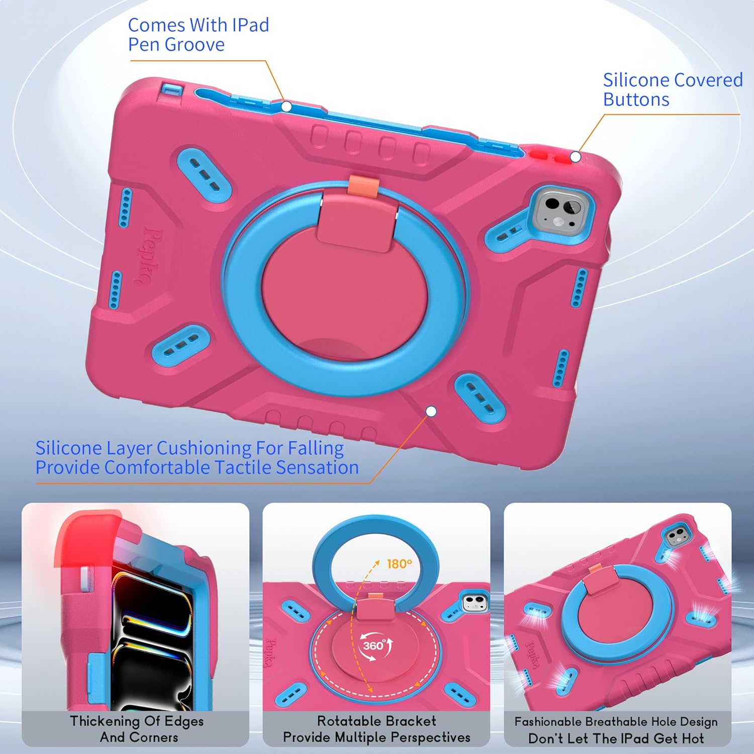 Pepkoo for iPad Pro 11 Inch Case for Kids,Only Compatible with 2024 M4 Chip,Shockproof and Lightweight Case for iPad,with 360°Rotatable Handle and Breathable Hole.