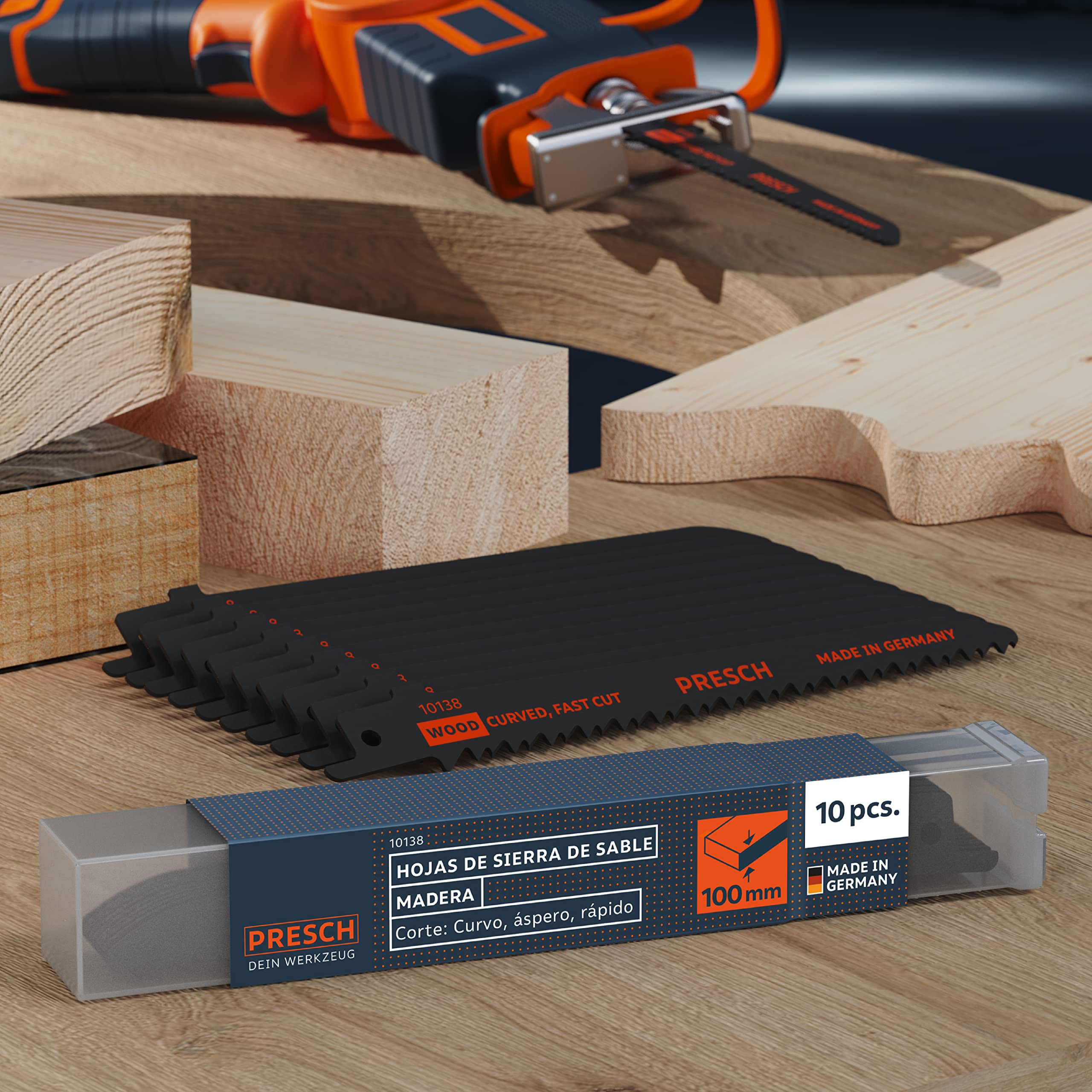 Presch Hojas sierra sable madera 130mm 10 piezas - corte curvo 6-100mm - Hojas de sierra para madera, cuchillos de cocina y más. - Juego de hojas de sierra con caja incluida