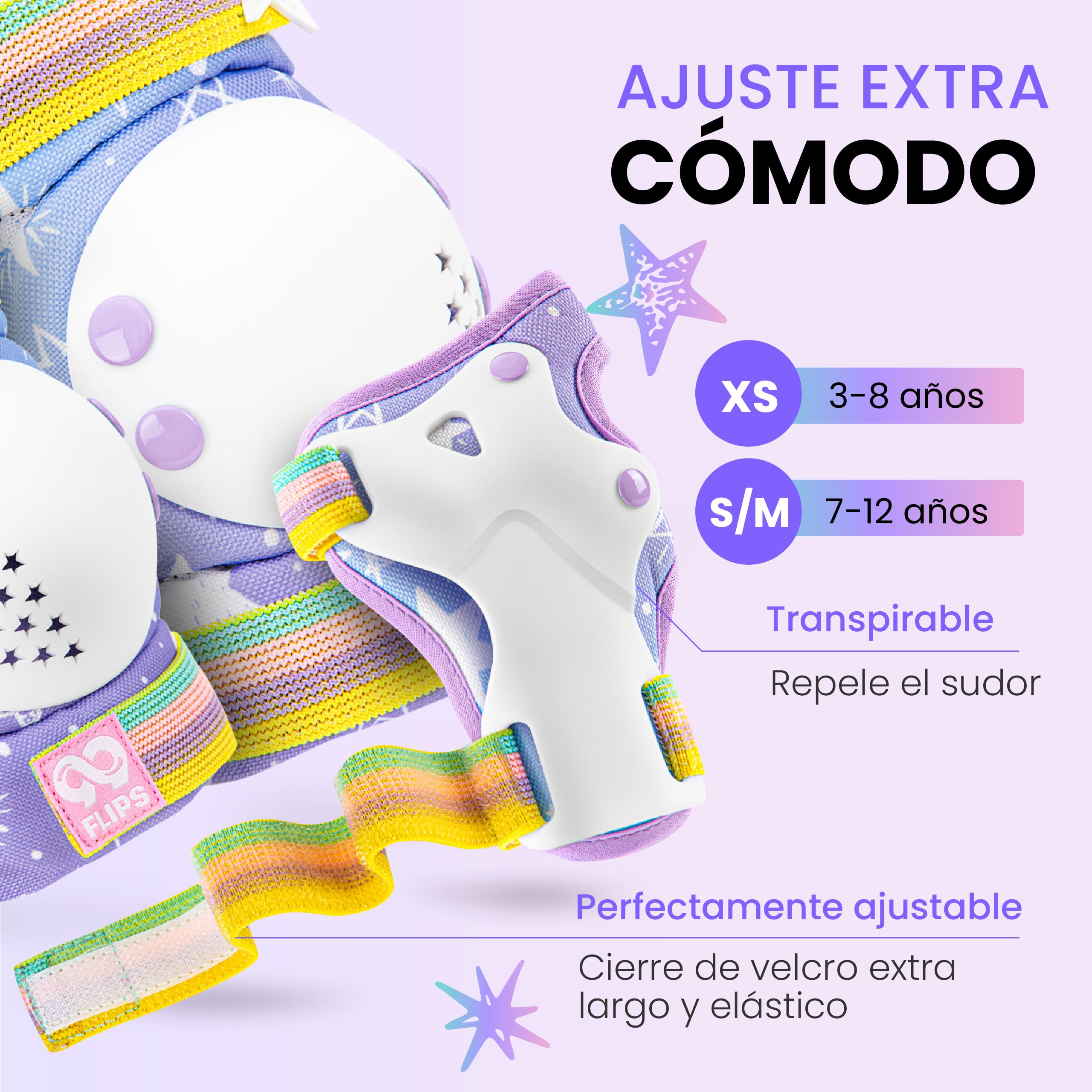 99FLIPS Protecciones Patines Niña - Rodilleras Niña - Rodilleras y Coderas Niño, Protectores Niño - Talla S/M - ARCO IRIS - Monopatín, Patines en Línea, BMX Niñas — view 4
