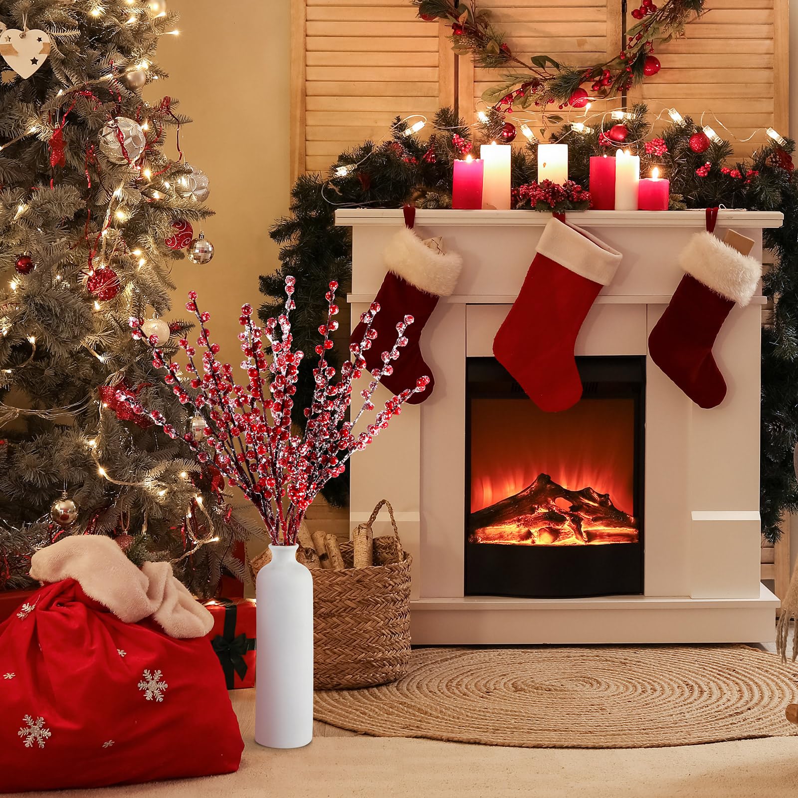 WILLBOND Künstliche rote Beerenstiele 55,6 cm Weihnachten rote Beeren Stechpalmenbeeren Zweige für Weihnachtsbaum Neujahr Dekor DIY Handwerk (8, Snow Slurry Style)
