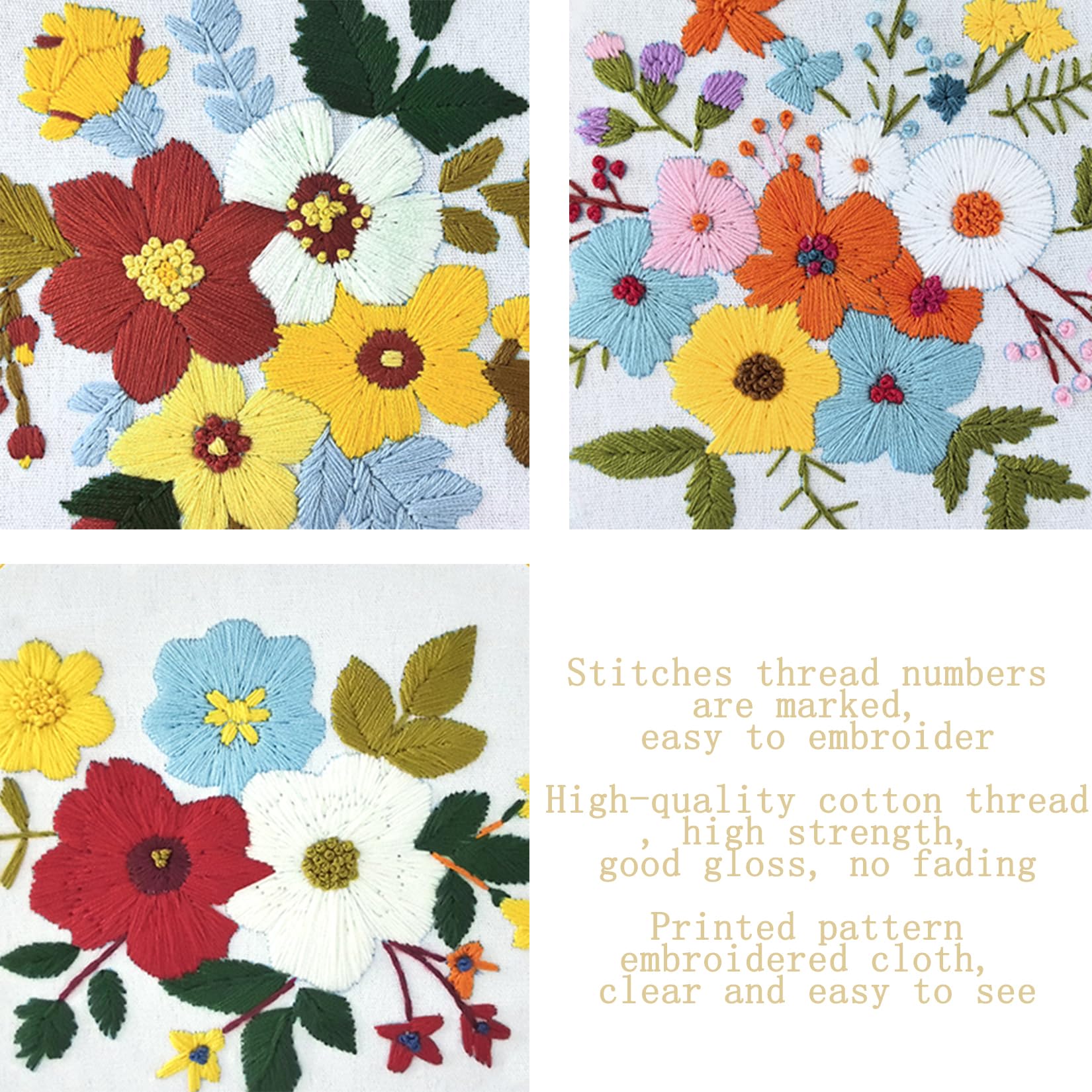 Kit Ricamo Per Principianti - 3 Schemi Fiori, Mezzo Punto Croce, Tessuto Stampato, Accessori Inclusi - Foto 2