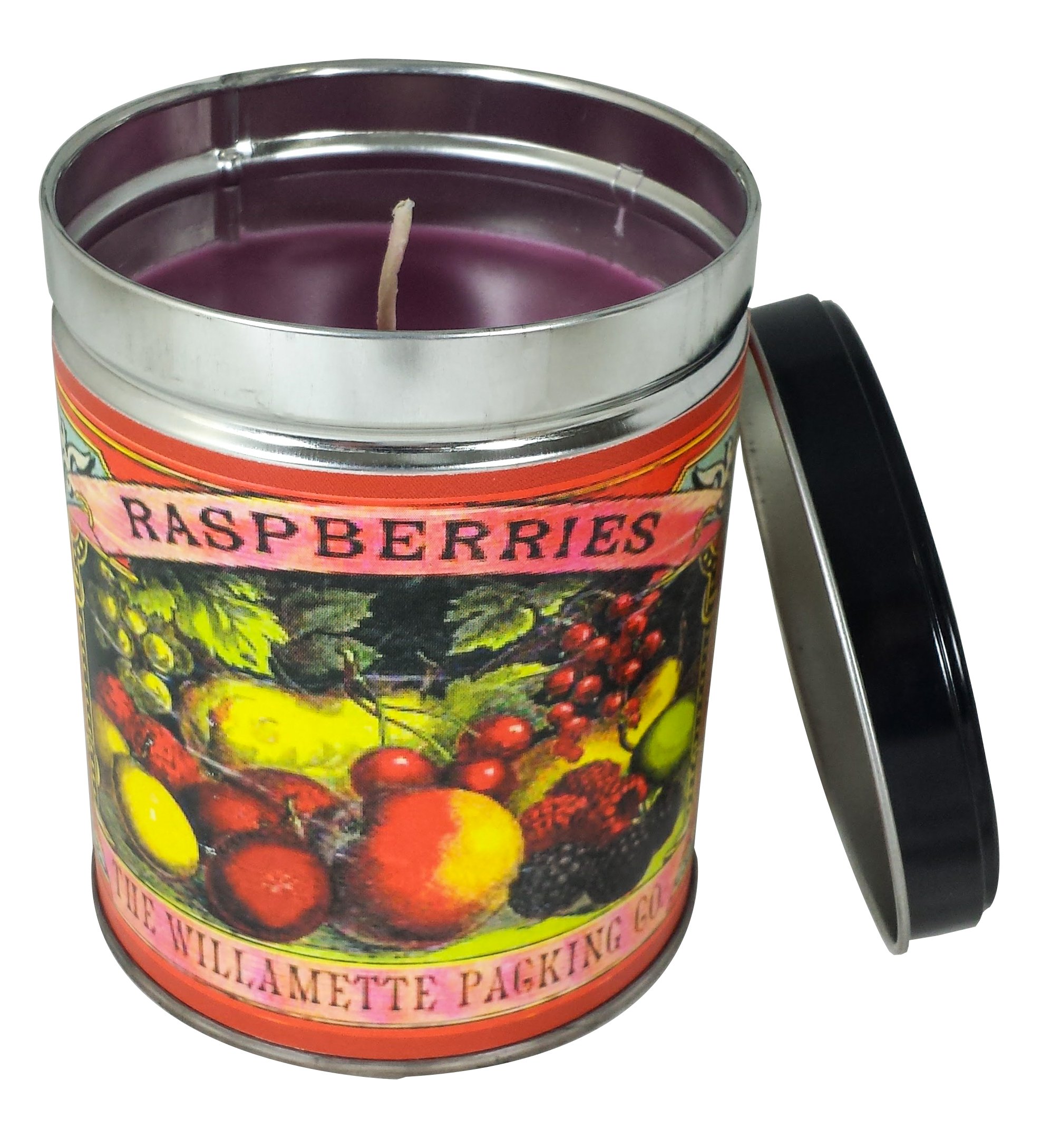 Our Own Candle Company Black Raspberry Vanilla Scented Candle in 13 Ounce Tin with a Colorful Fruit Label