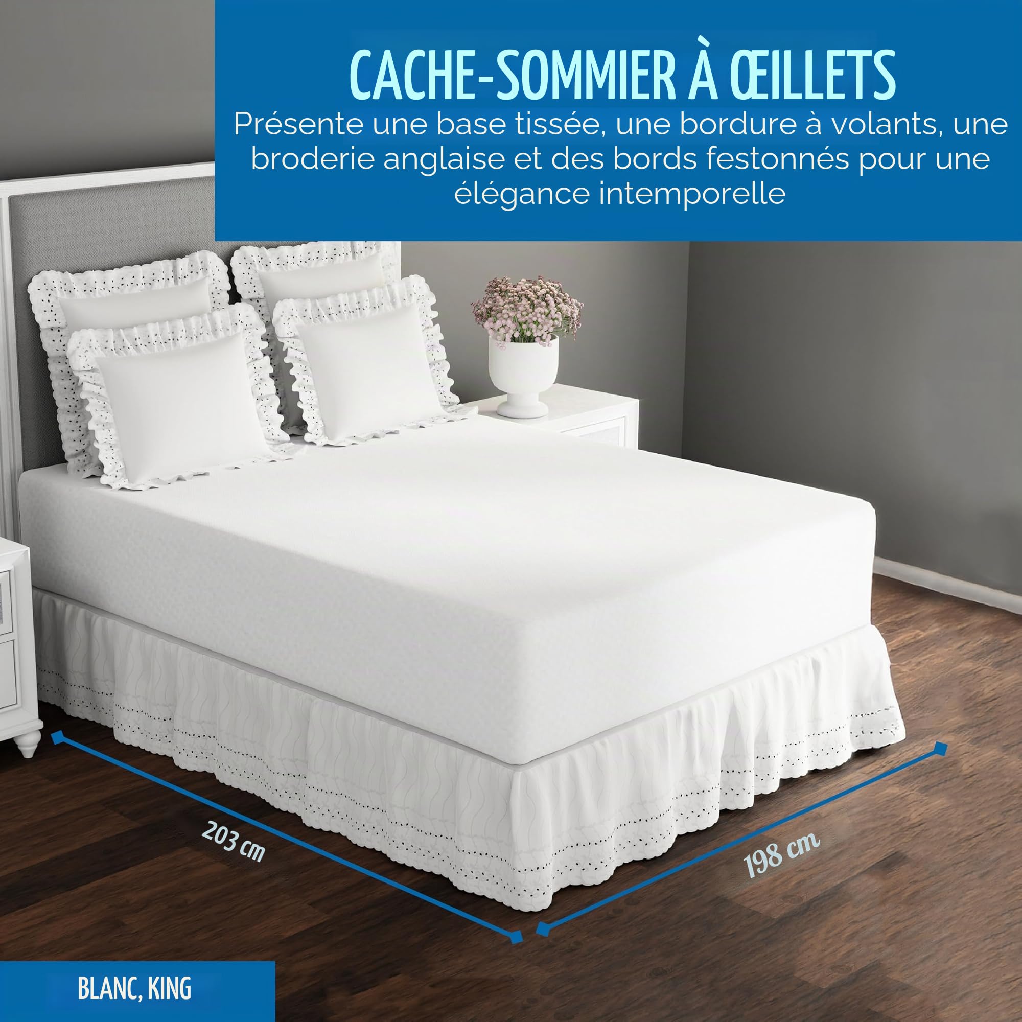 Fresh Ideas Cache-sommier à Volants avec œillets et détails brodés, Longueur de Chute 35,6 cm, Style froncé, King Size, Blanc