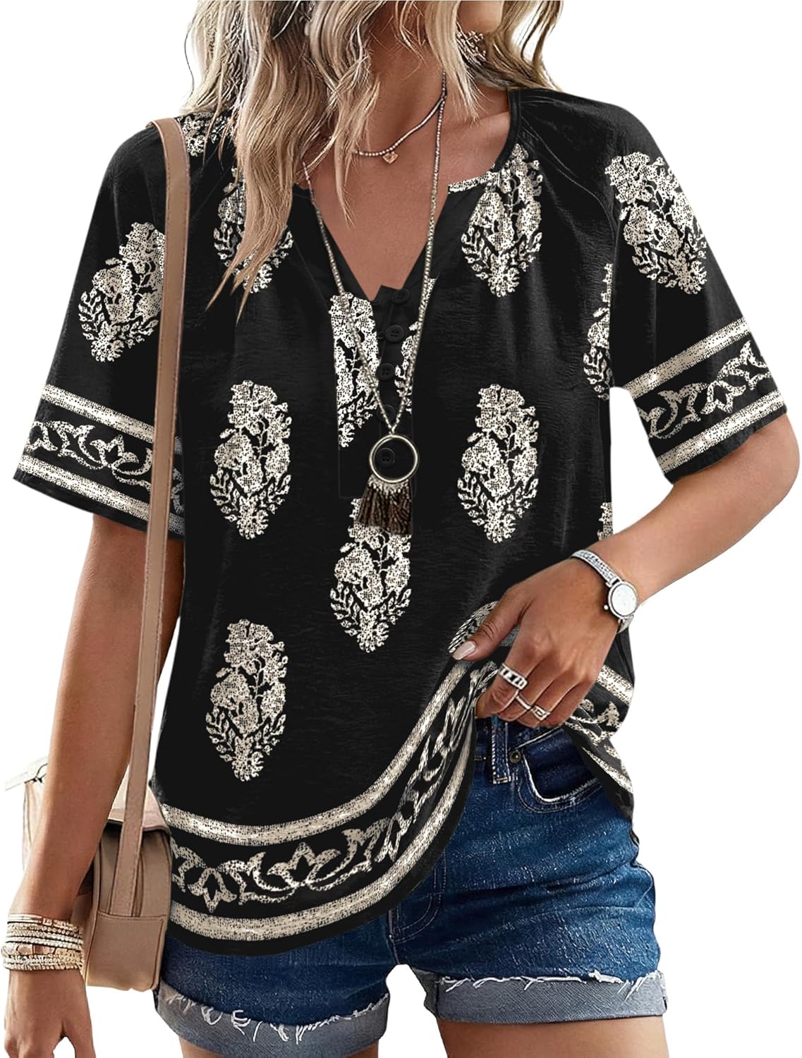 Rapbin Womens Summer Boho Tops Casual Short Sleeve Blouses Button Down Shirts 2026 Beach Vacation Clothes - Image 2