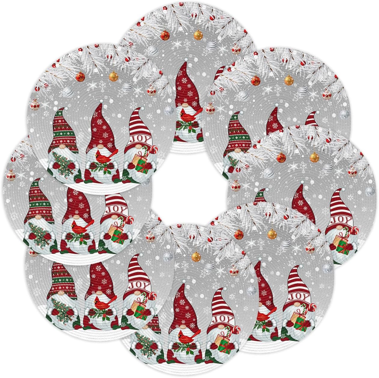Christmas Round Placemats Set of 8 Gnomes Place Mats Winter Snowflake Xmas Tree Balls Grey Circle Braided Placemat Heat Resistant Table Mat for Xmas Holiday Decorations, 15 Inch