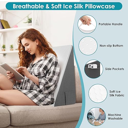 Miniatura 5 de Almohada de cuña de cama de 12 pulgadas para dormir, leer y descansar, almohada inclinada de espuma viscoelástica refrescante para adultos mayores,