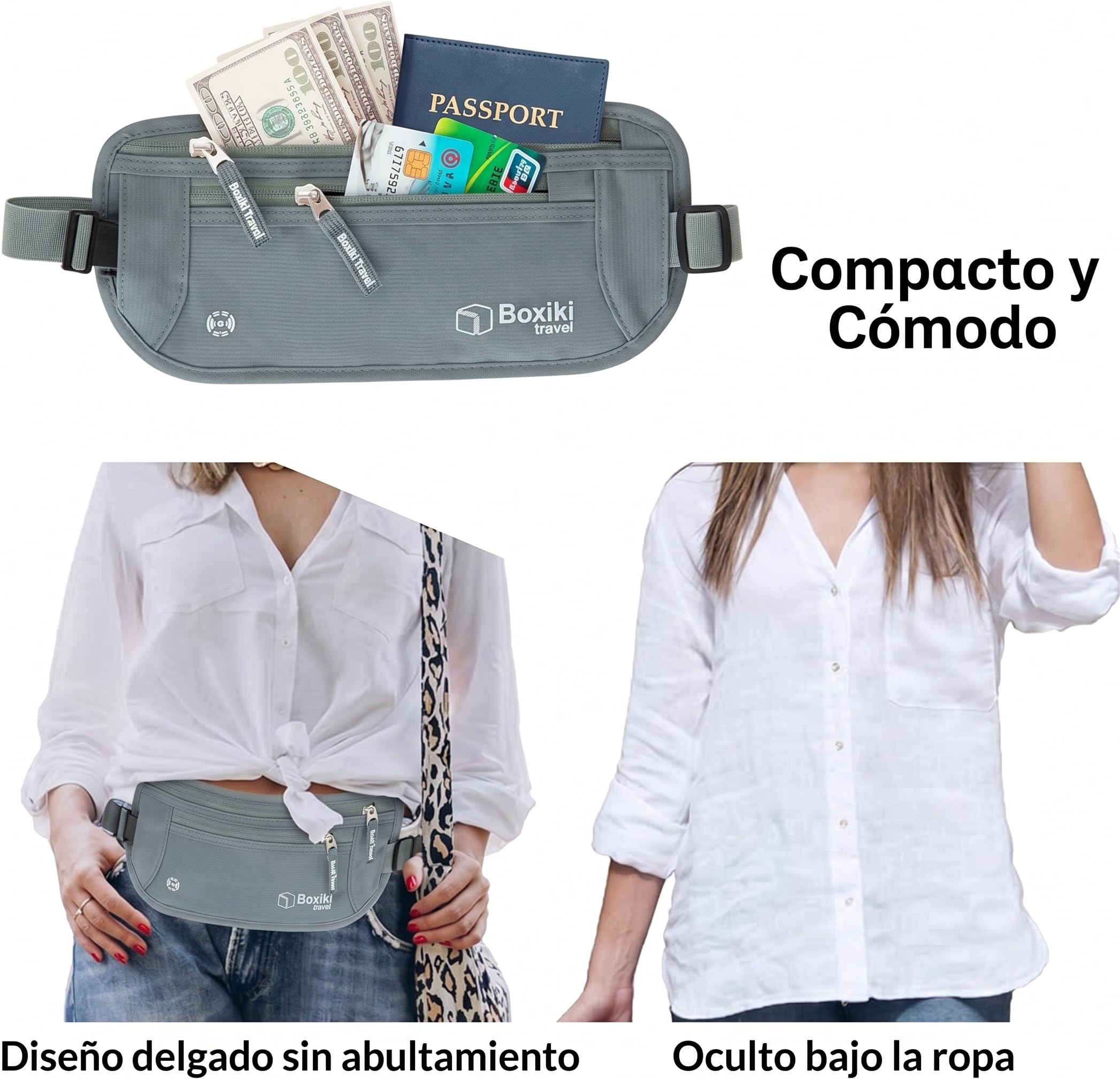 Boxiki Travel Hidden Money Belt para Hombres y Mujeres - Cinturón de Cintura con Bloqueo RFID para Pasaporte, Billetera y Teléfono - Seguro para Viajar