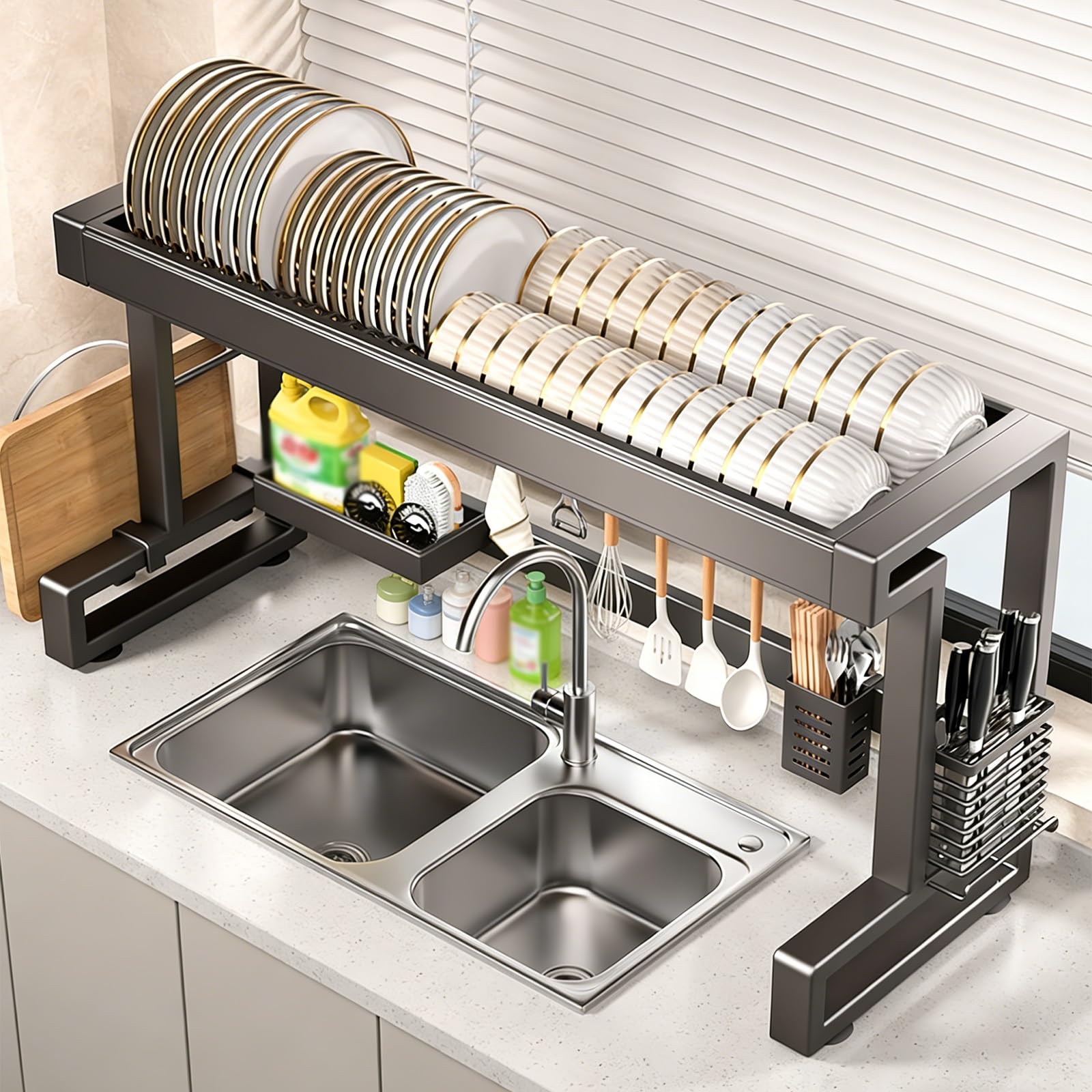 Escurridor de platos de acero inoxidable para encimera, escurridor de platos para vasos, cuencos y cubiertos