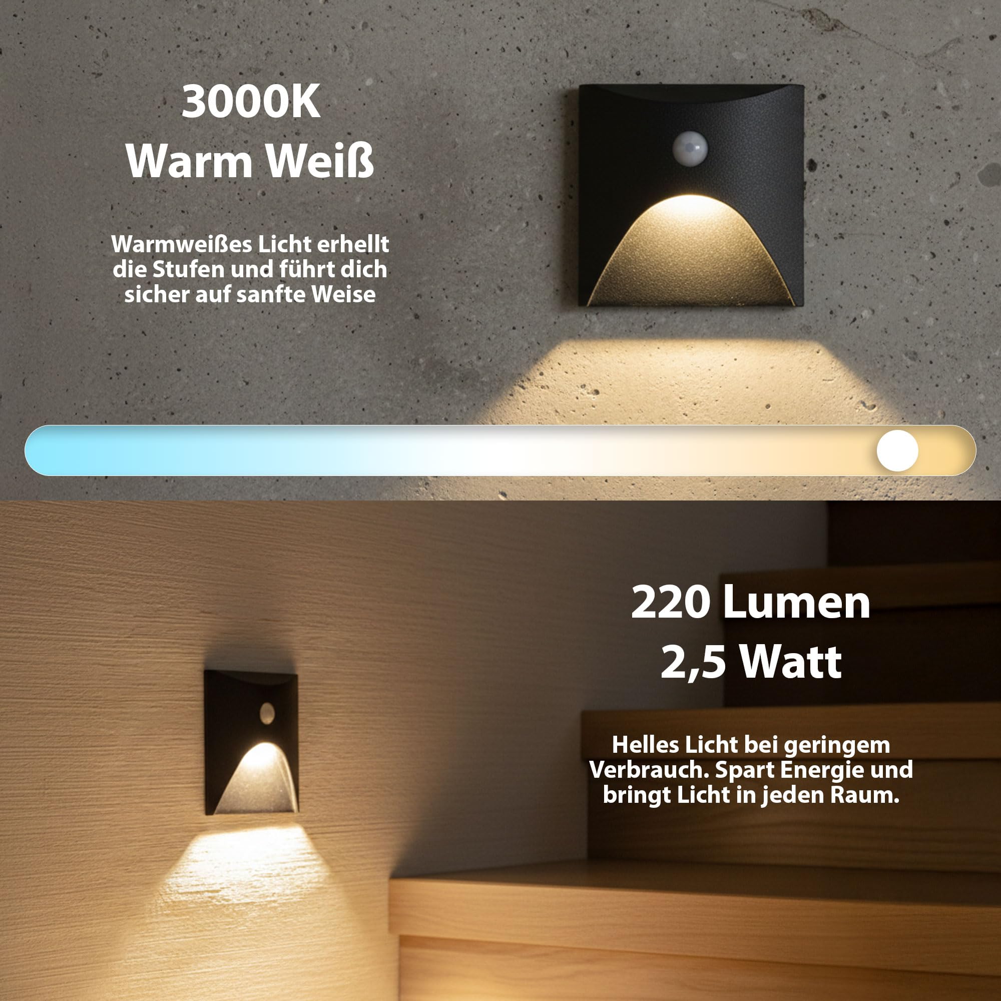 Maxkomfort LED Treppenbeleuchtung 230V schwarz mit Bewegungsmelder, Wandeinbaustrahler 2,5W IP65 3000K warmweiß für Stufen Ø68mm | 6202S