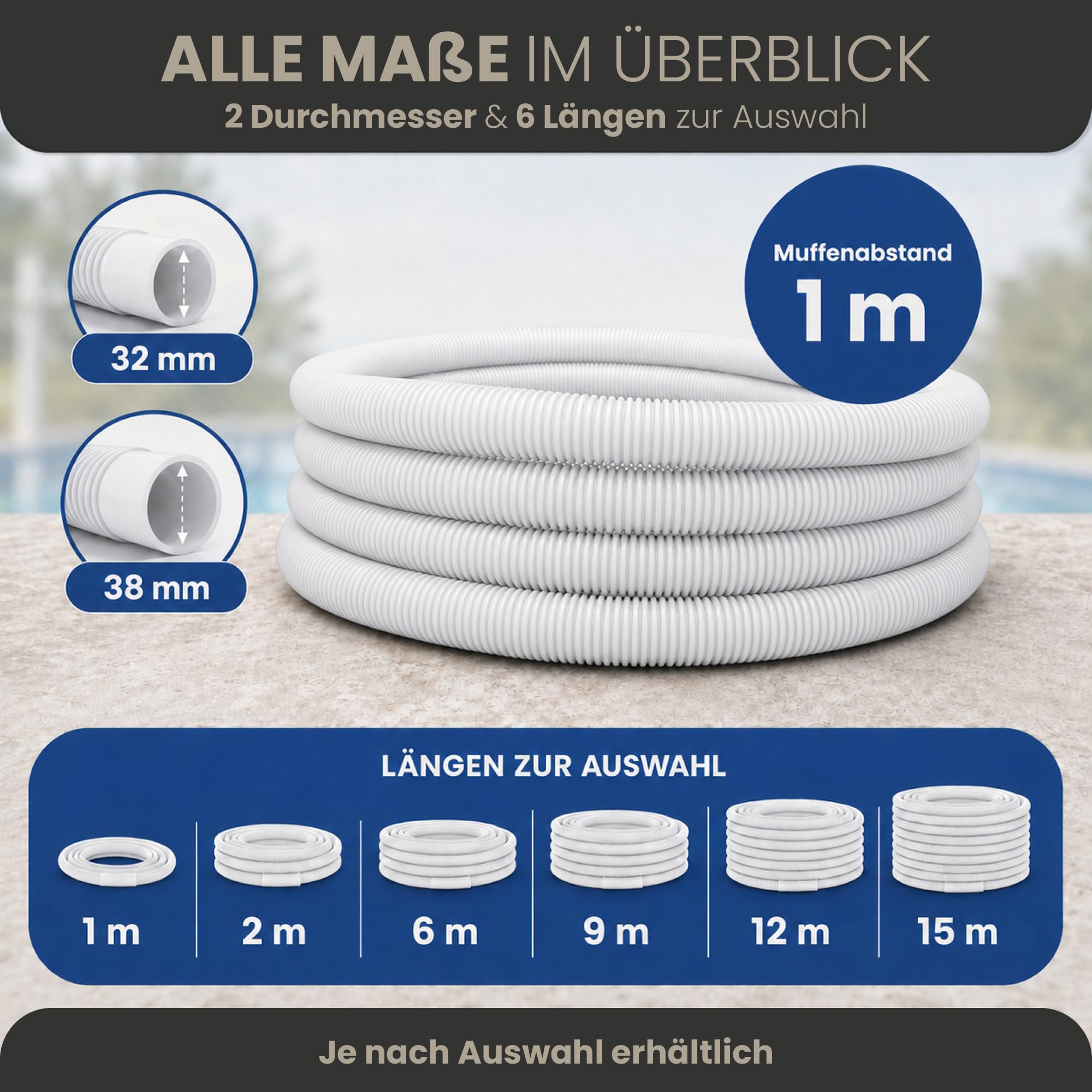 HAF® Tubo per piscina di alta qualità, 38 mm, blu, 15 m, per giardino e piscina, con 2 fascette stringitubo in acciaio inox, tubo per piscina, qualità Made in Germany