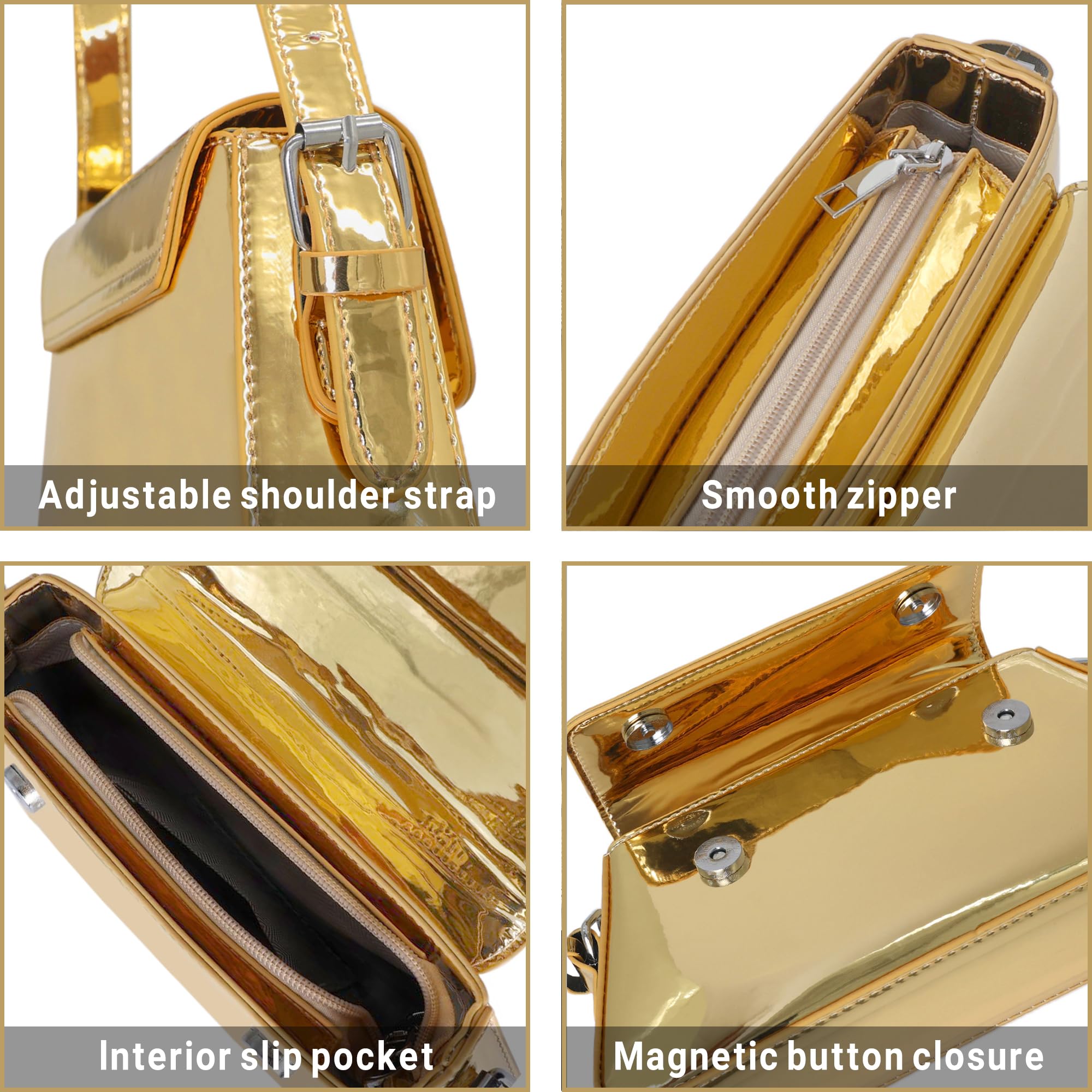 Bolso de hombro pequeño para mujer, lindo bolso de mano hobo de noche, bolso de mano Y2K plateado brillante para fiesta, graduación, boda, Oro, Pequeña 5