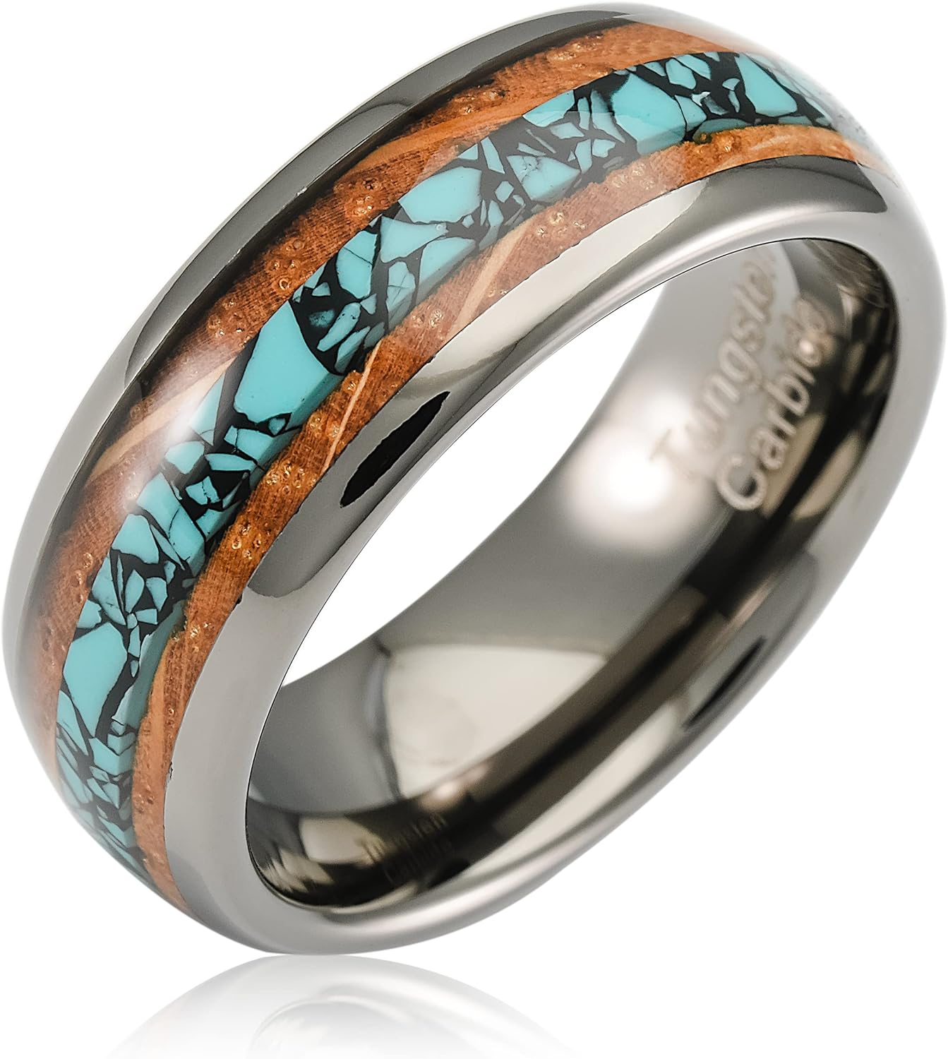 100S JEWELRY Gunmetal Gray Tungsten Rings For Men Turquoise & Whiskey Barrel Wood Grain Inlay Wedding Promise Engagement Band Size 6-16