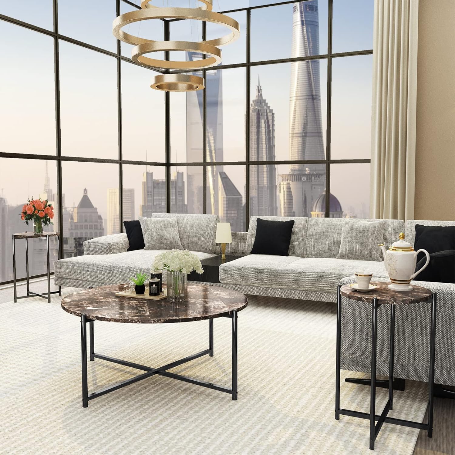 AWQM Faux Marble Coffee Table Set of 3, 1 Coffee Table & 2 Sofa Table, Round Tabletop and Metal Cross Base Frame, Ideal for Living Room, Apartment, Bedroom, Brown & Black : Home & Kitchen