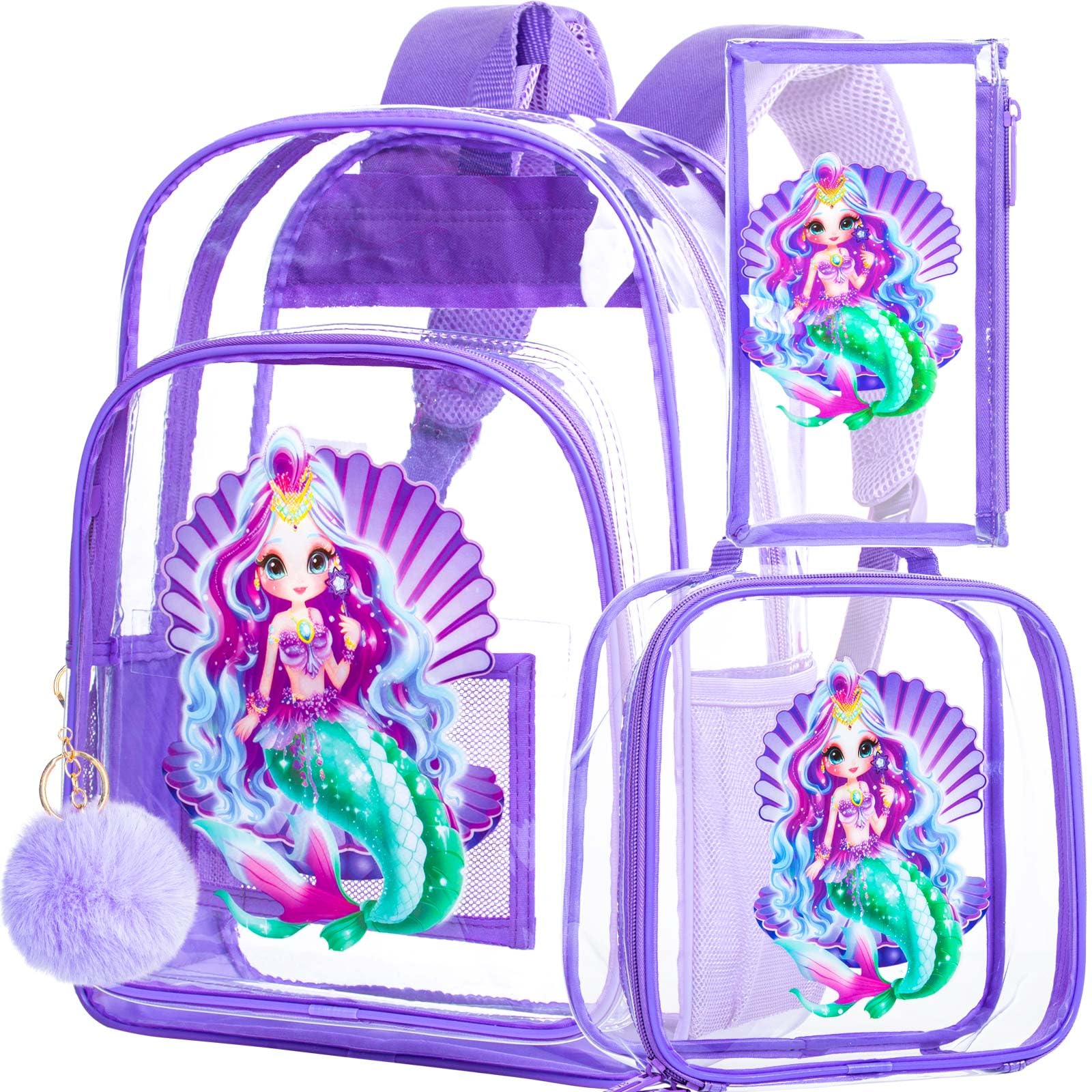 AGSDON 3PCS Clear Backpack for Girls, Kids Mermaid Transparent Bookbag Heavy Duty, Cute See Through Backpacks with Lunch Bag - Purple