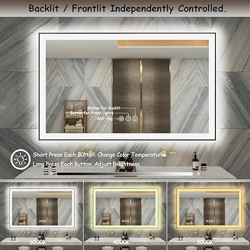 Miniatura 3 de Espejo de baño LED enmarcado de 60 x 40 pulgadas, espejo de tocador grande regulable con luces, antivaho, inastillable, memoria (retroiluminado e