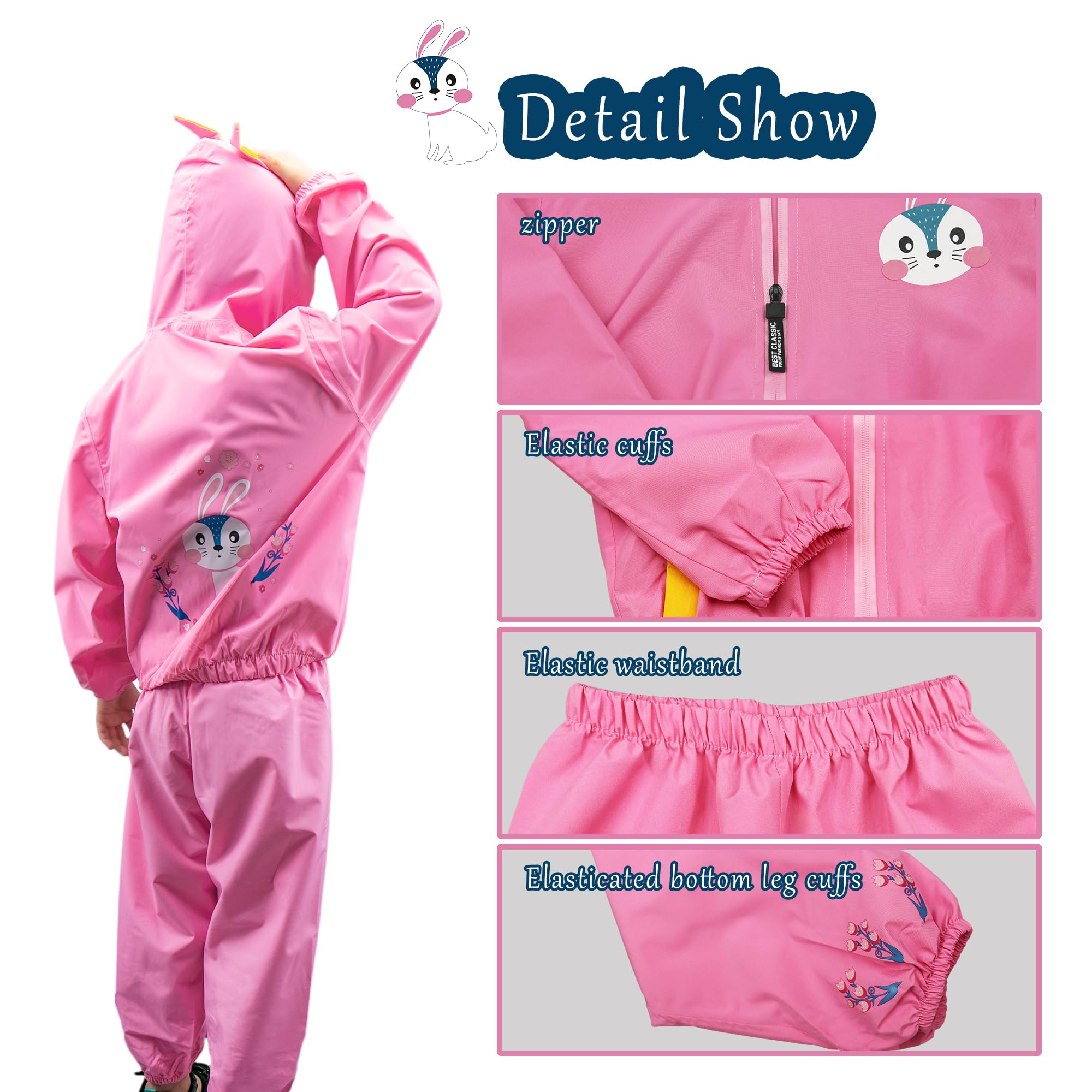 Tuta Impermeabile Bambino Bambina con Cappuccio Traspirante Leggero Antipioggia Giacca & Pantaloni Impermeabili con Riflettente e Animalier Pioggia Cappotto per Ragazze Ragazzi 2-7 anni
