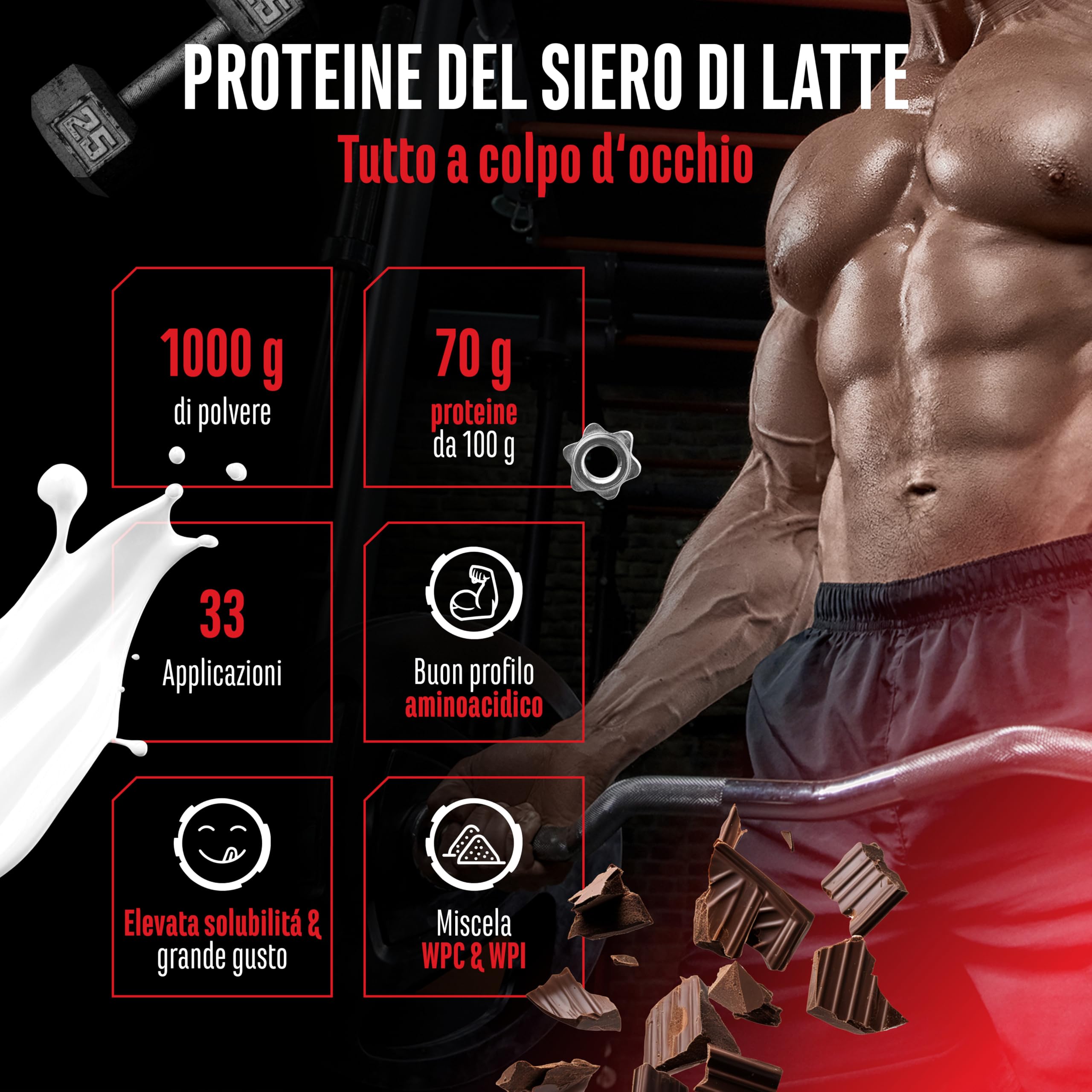 Whey Proteine Complesso - 1000 g (Cioccolato) - Con contenuto isolato - Polvere proteica solubile istantanea con BCAA ed EAA - German Elite Nutrition