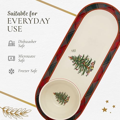 Miniatura 6 de Spode Colección de árbol de Navidad  Tartán de 2 piezas para astillas y salsas, mide 13 pulgadas, hecho de loza fina, para salsas y aperitivos, apto