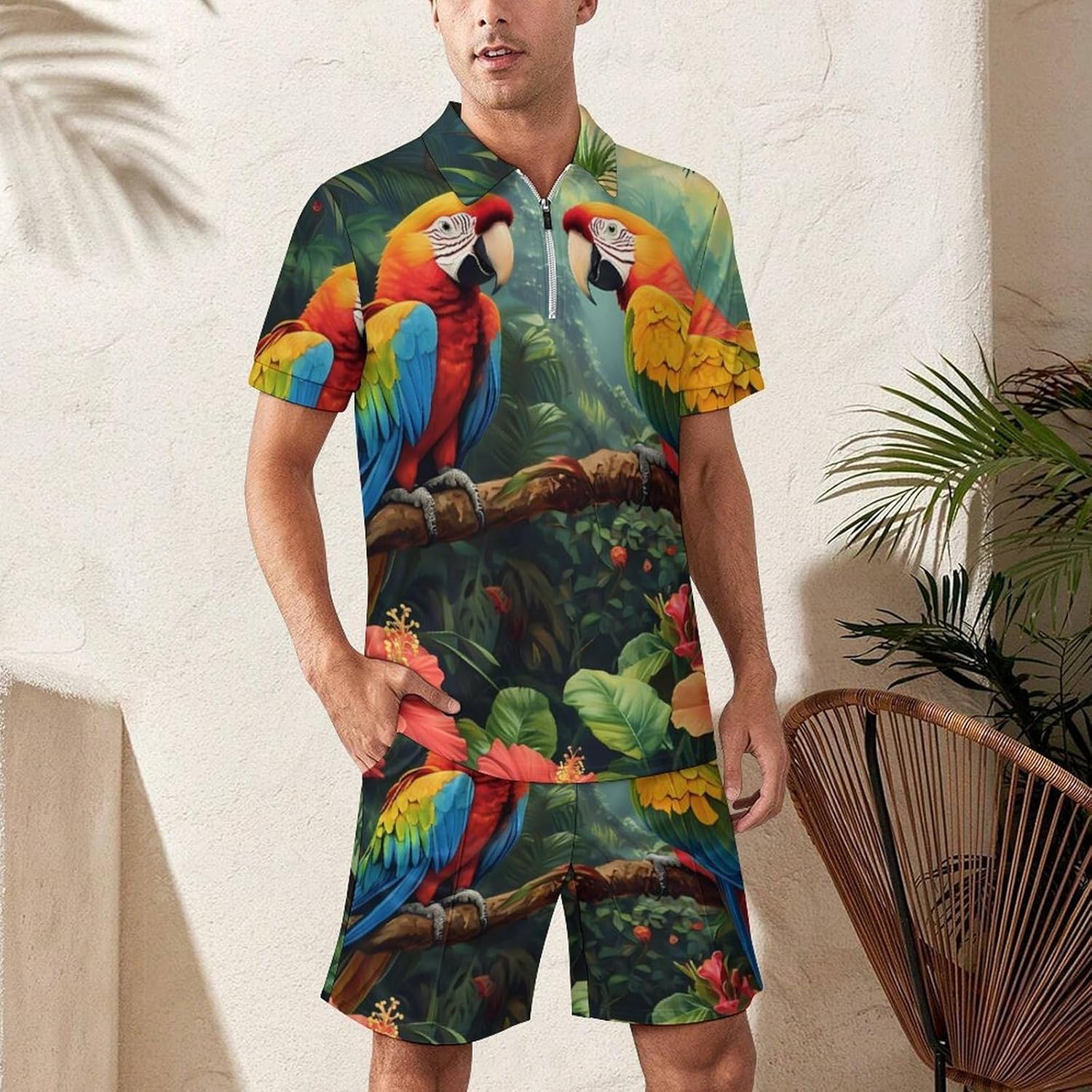 Colorful Parrot Standing on Branch Mens Polo Shirts Track Suits 2 Piece Short Sleeve Sweatsuit 1/4 Zip Golf Loungewear for Sports