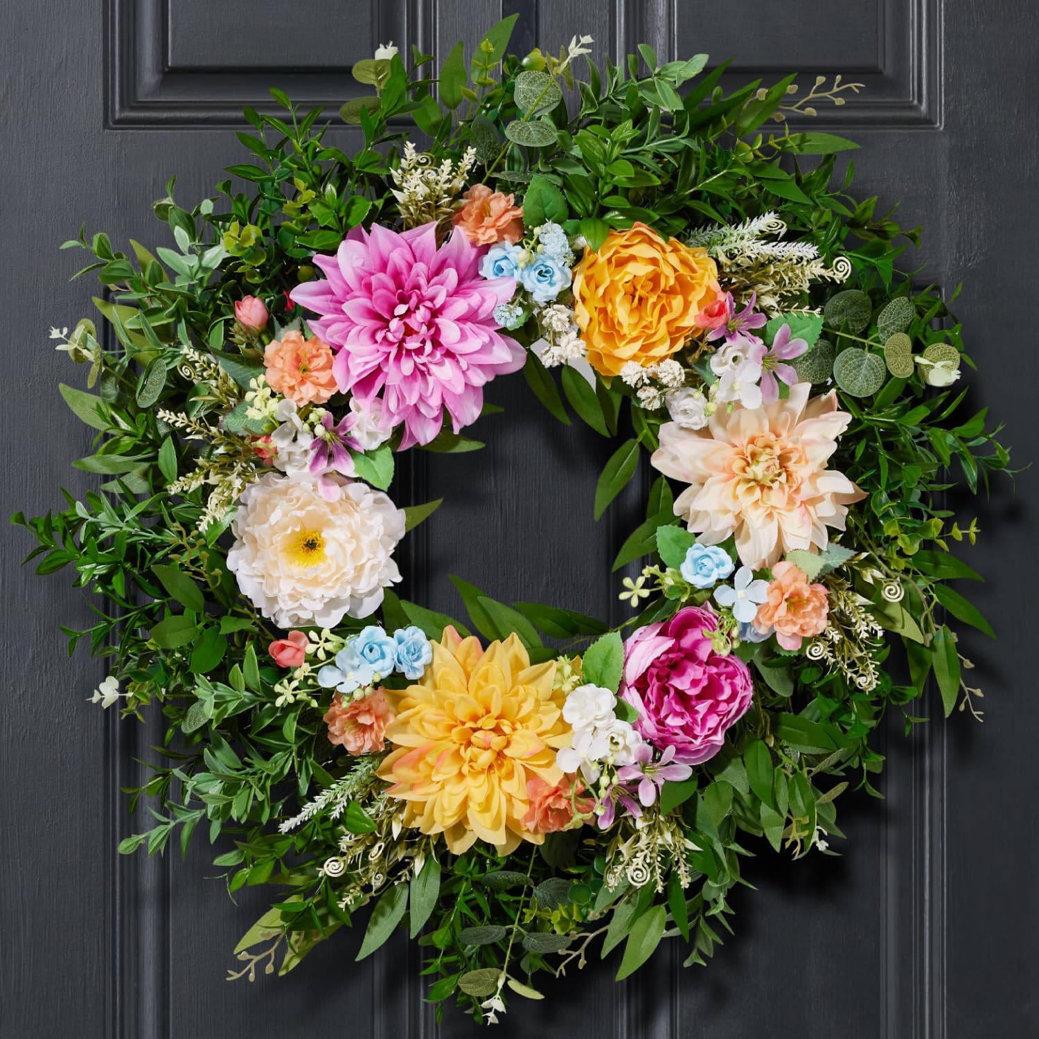 Somikis 24 Inch Spring Summer Wreath for Front Door, Large Artificial Flowers Wreath with Peony Dahlia Eucalyptus, Realistic Greenery Door Wreath Decor for Outside Inside Wall Entryway All Year Round