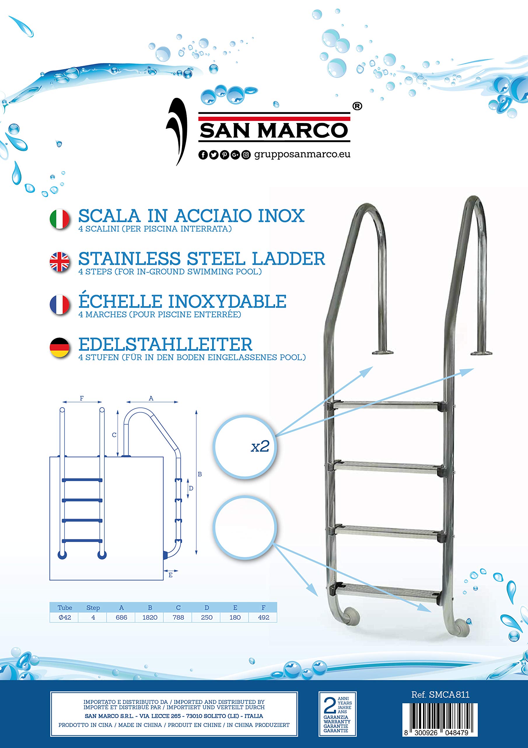 Scaletta piscina interrata in acciao inox 4 gradini